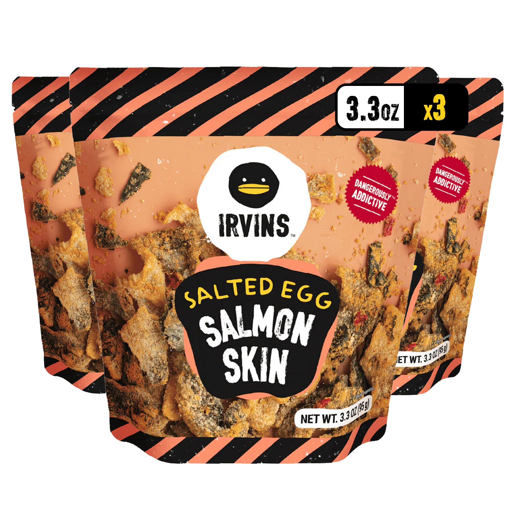 IRVINS Salted Egg Salmon Skin Chips & Crisps - Premium Hand Cooked, Halal, Keto-Friendly, High Protein Snack | Dangerously Addictive | (3.3 oz, Pack