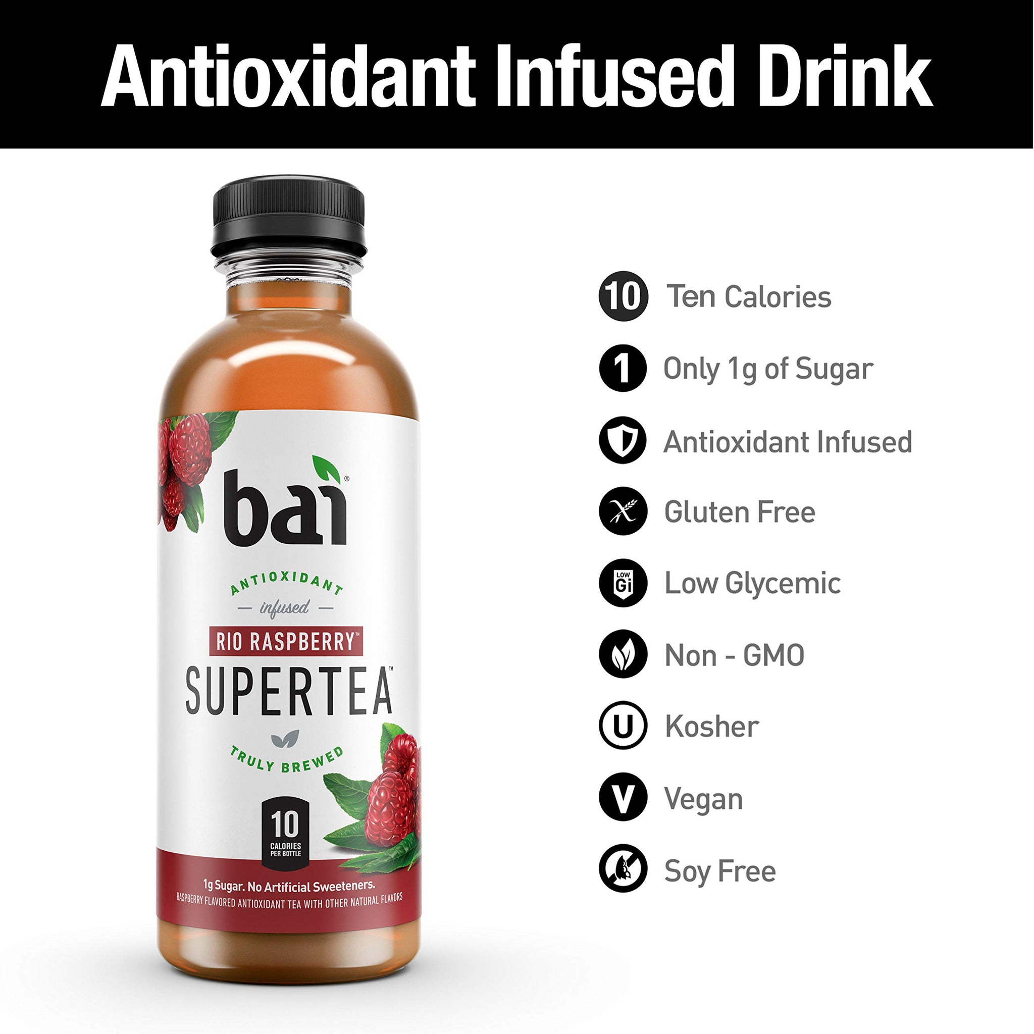 Bai Iced Tea, Rio Raspberry, Antioxidant Infused Supertea, Crafted with Real Tea (Black Tea, White Tea), 18 Fl Oz (Pack of 12)