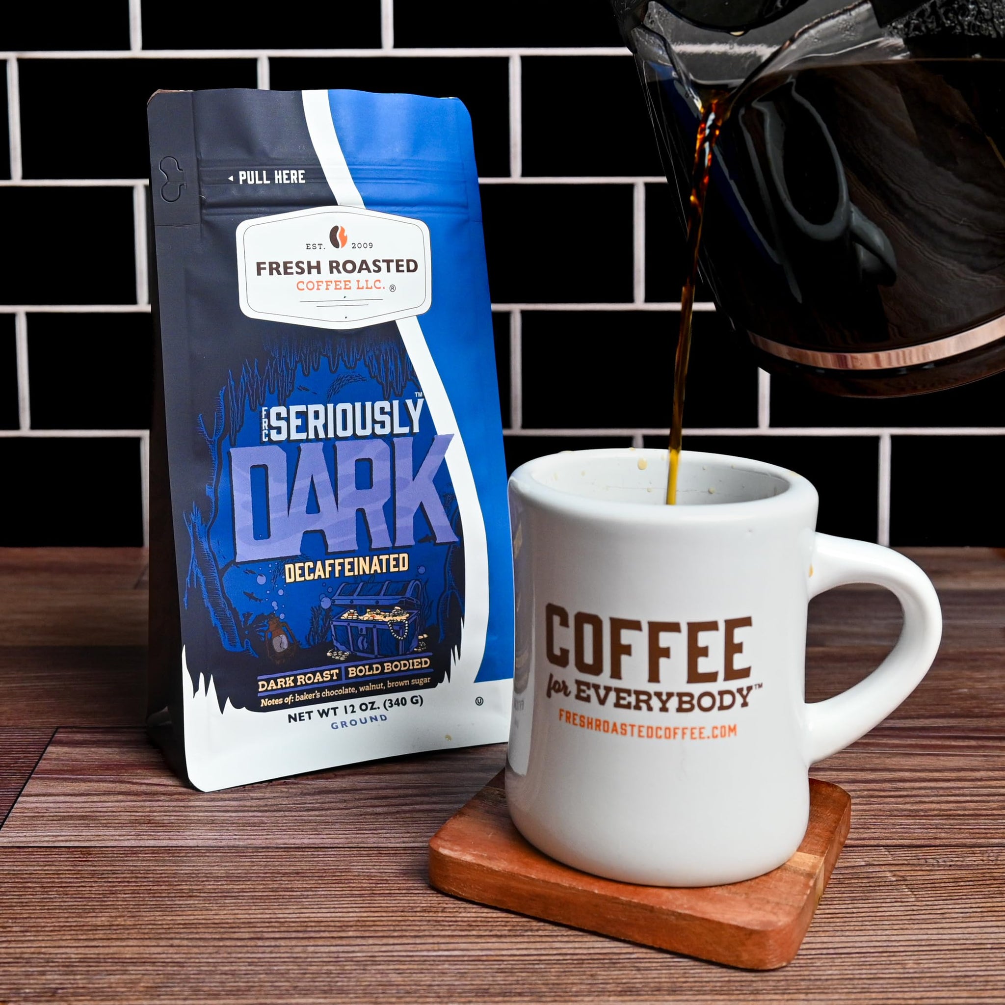 Fresh Roasted Coffee, Seriously Dark Decaf Artisan Blend Drip Ground Coffee, Dark Roast, Kosher, 12 oz