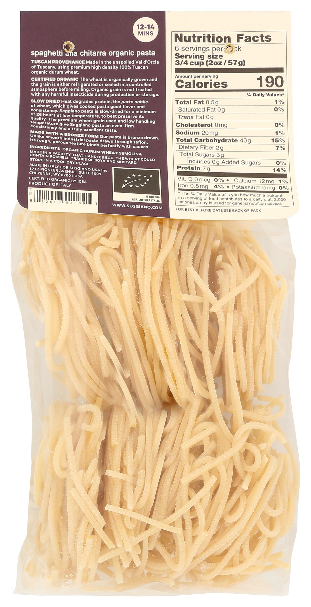 SEGGIANO Organic Spaghetti Pasta, 13.2 OZ