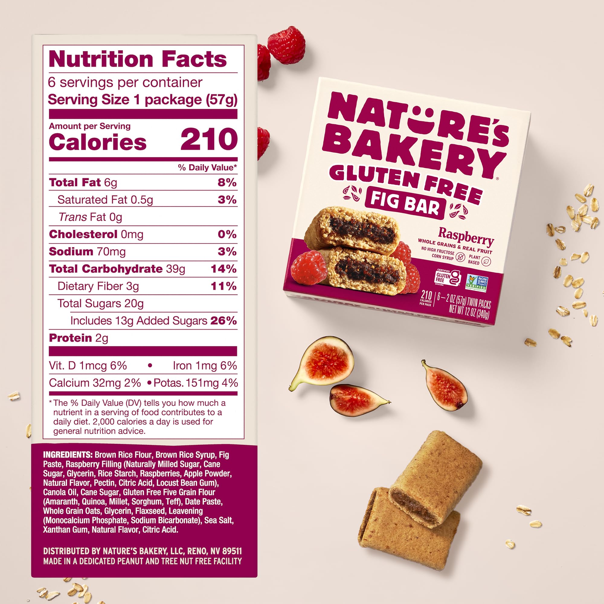 Nature’s Bakery Gluten Free Fig Bars, Raspberry, Real Fruit, Vegan, Non-GMO, Snack Bar, 1 box with 6 twin packs (6 twin packs)