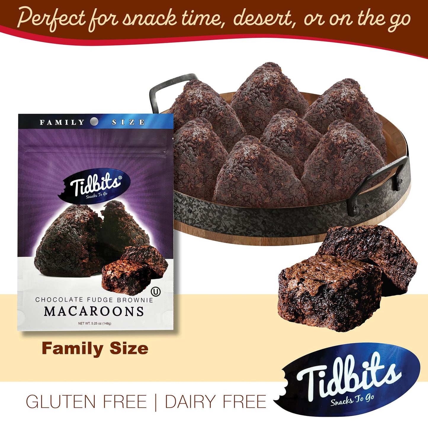 Tidbits Snacks To Go Fudge Brownie Macaroons - 5.25 oz. Family Size, Gourmet Gluten-Free Snack Treats, Delicious Vegan Dairy-Free Cookies