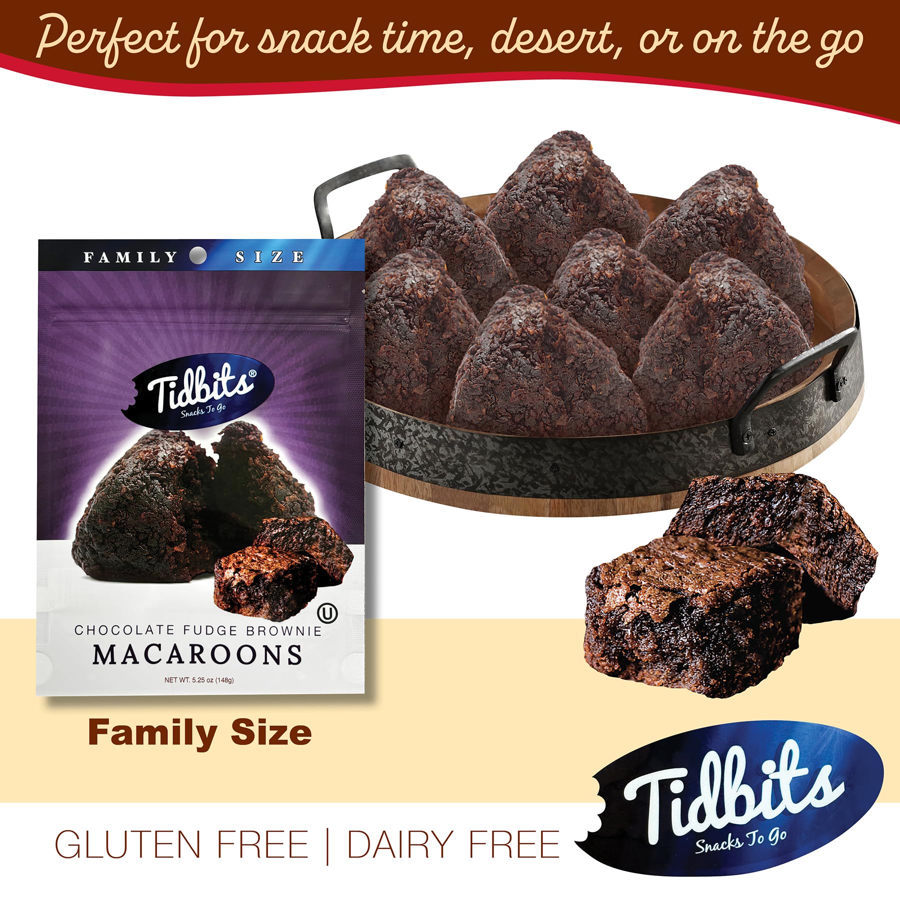 Tidbits Snacks To Go Fudge Brownie Macaroons - 5.25 oz. Family Size, Gourmet Gluten-Free Snack Treats, Delicious Vegan Dairy-Free Cookies