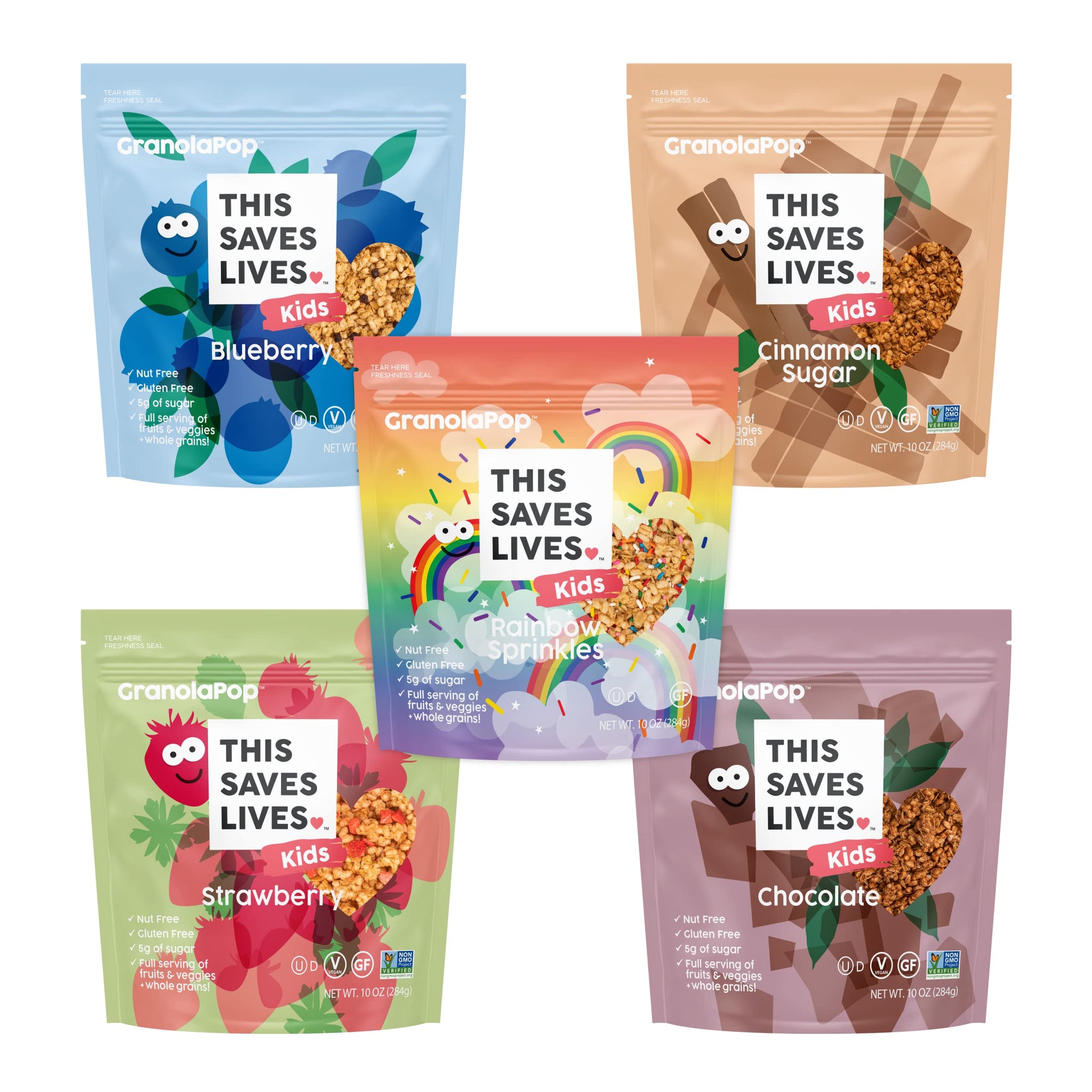 This Saves Lives Kids' GranolaPop, 5 Flavor Granola Variety Pack, Healthy Safe-For-School Kids' Breakfast and Snack, Vegan, Gluten Free, Nut Free