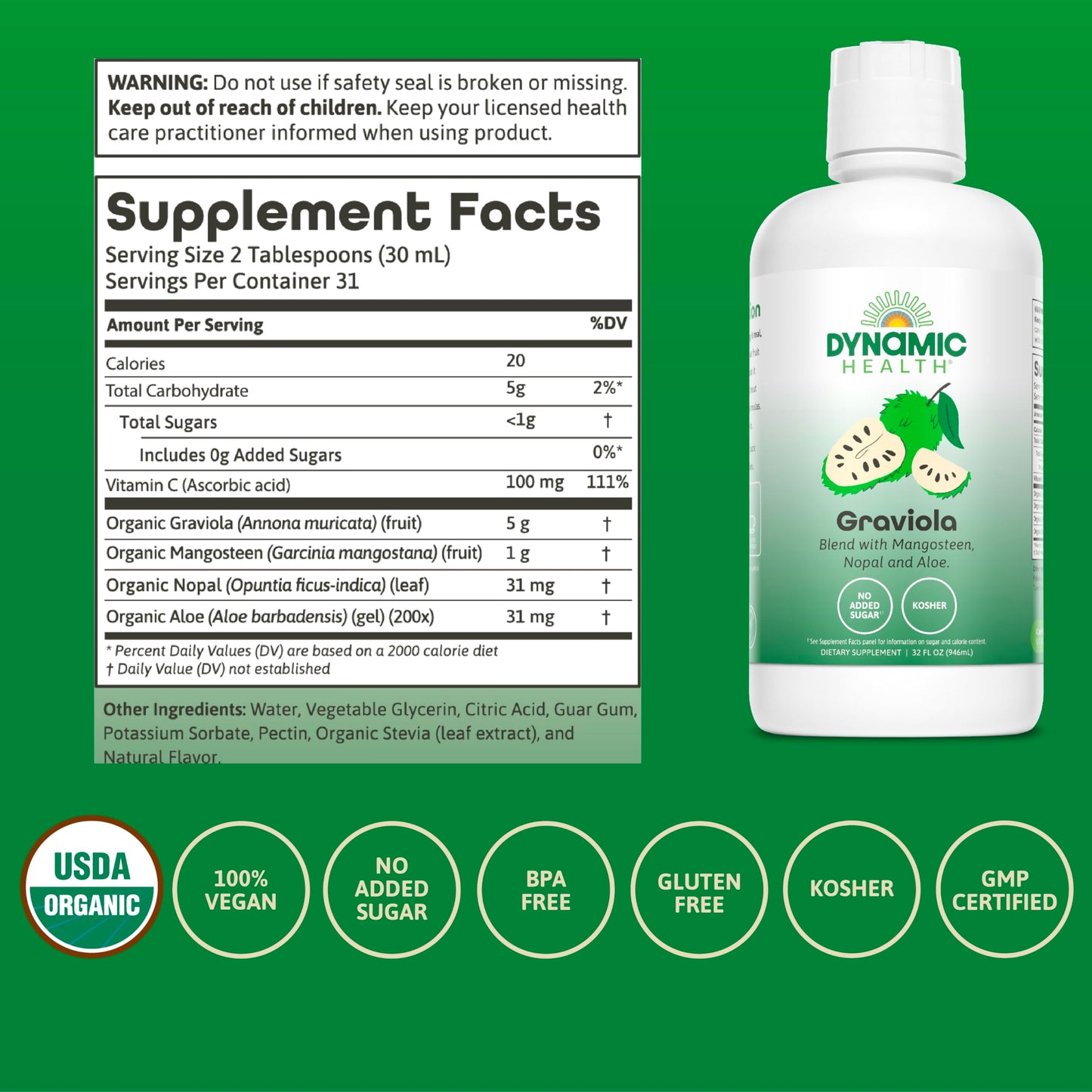 Dynamic Health Graviola Blend, Mangosteen, Nopal and Aloe, 100% Organic, No Additives, Immune System Support, Antioxidant, Vegan, Gluten Free