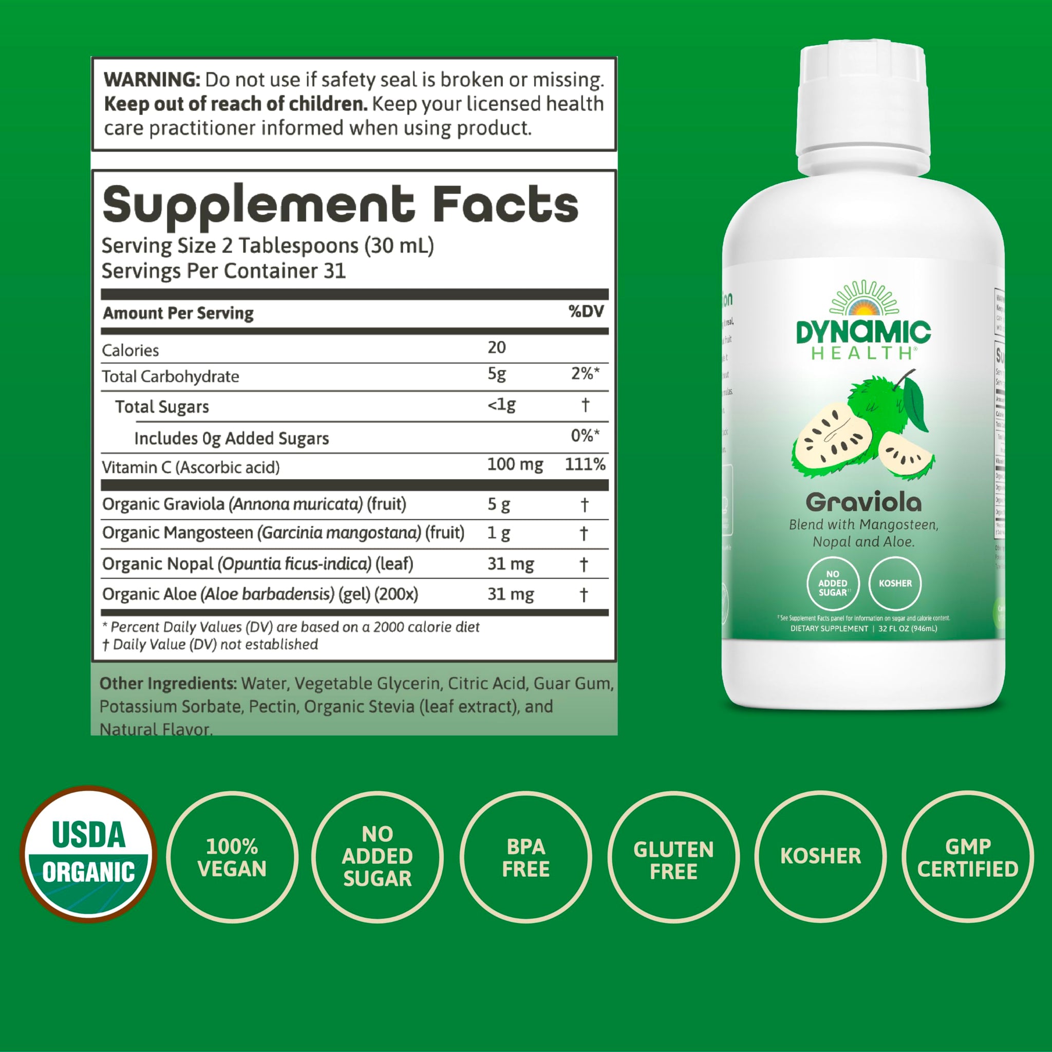 Dynamic Health Graviola Blend, Mangosteen, Nopal and Aloe, 100% Organic, No Additives, Immune System Support, Antioxidant, Vegan, Gluten Free