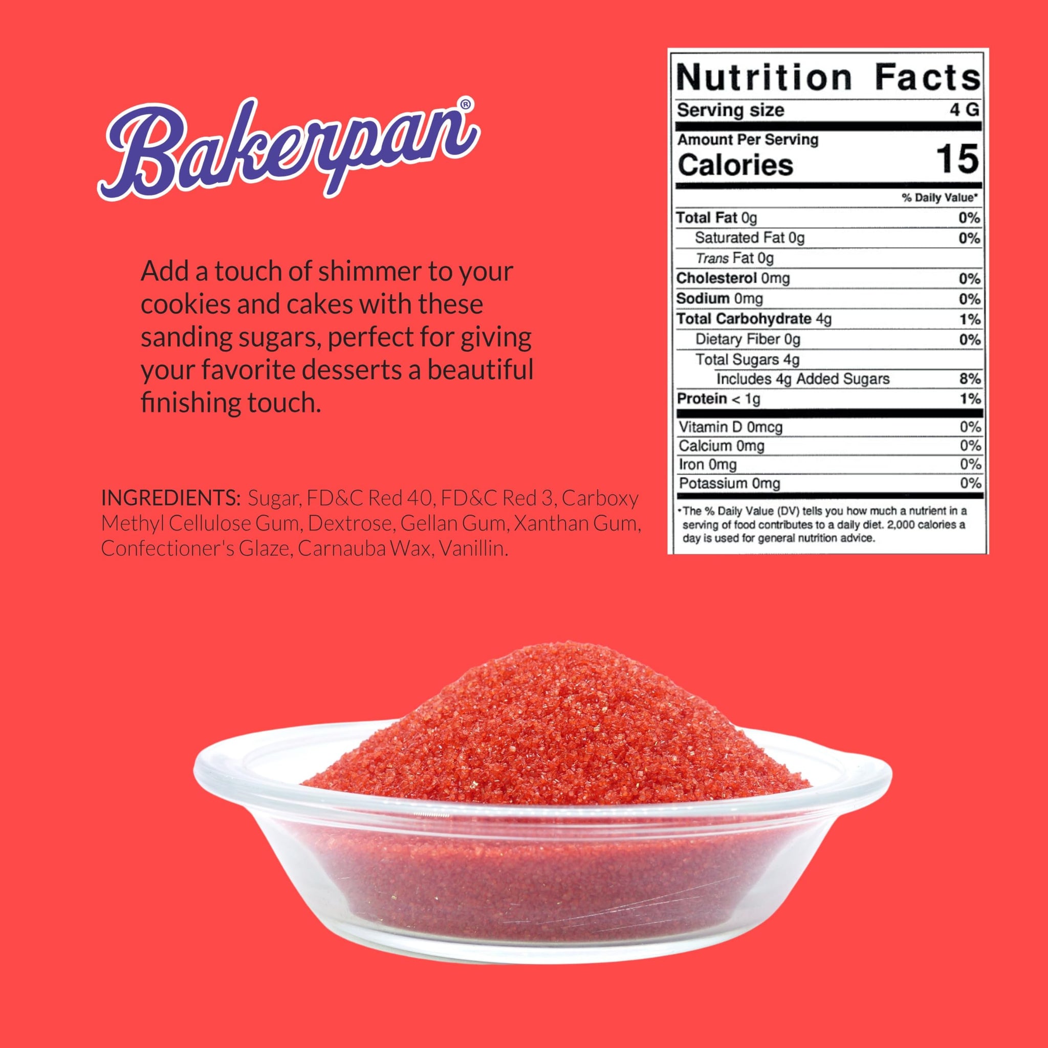 Bakerpan Red Sanding Sugar for Baking & Cookie Decorating - 5 Ounce Edible Red Sugar Sprinkles for Cookies, Cakes, Cocktails & Mother Day Decorations