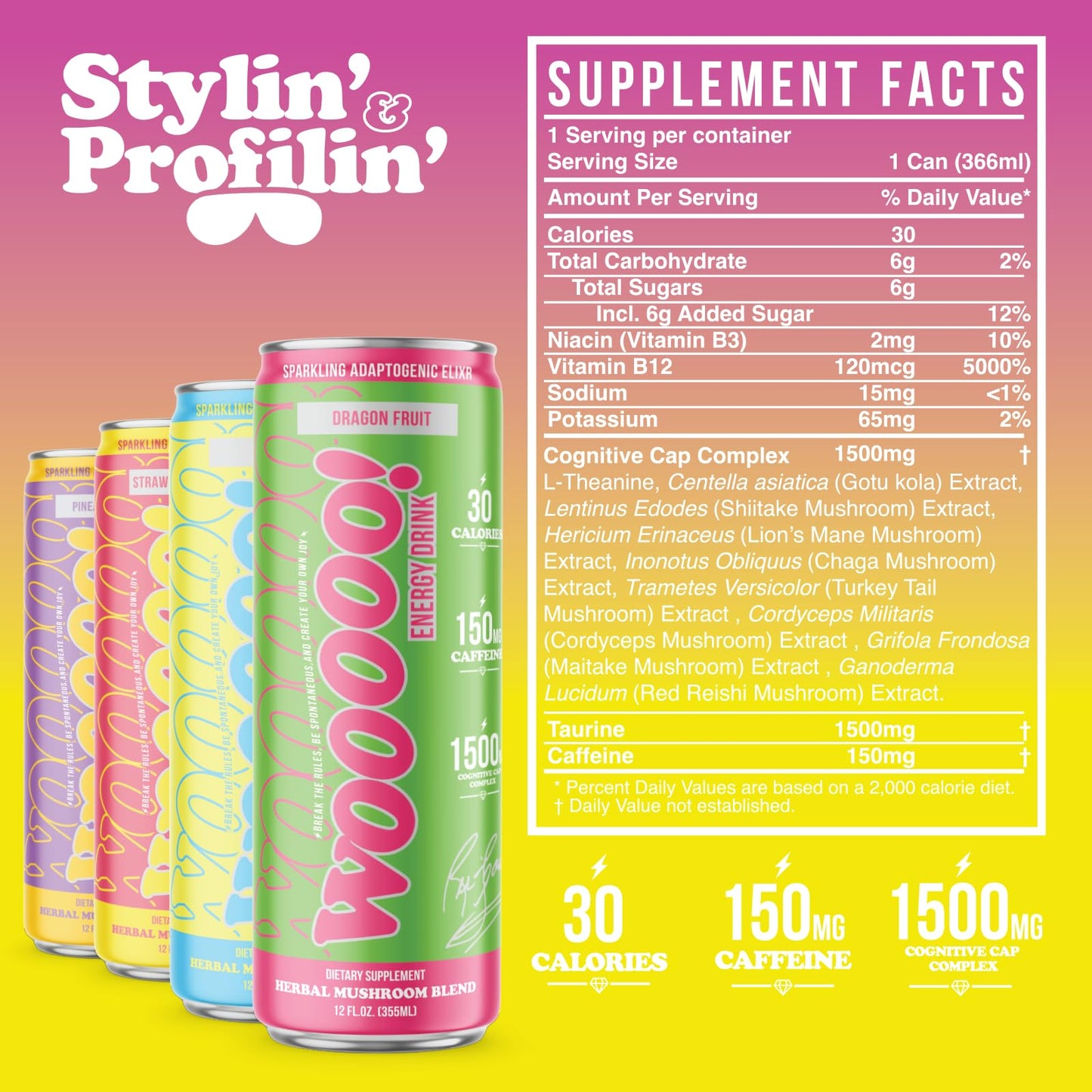 Wooooo! Energy Ric Flair Sparkling Adaptogenic Mushroom Energy Drink | Natural Antioxidants & Nootropics | Lion’s Mane & Cordyceps | 150mg Caffeine |