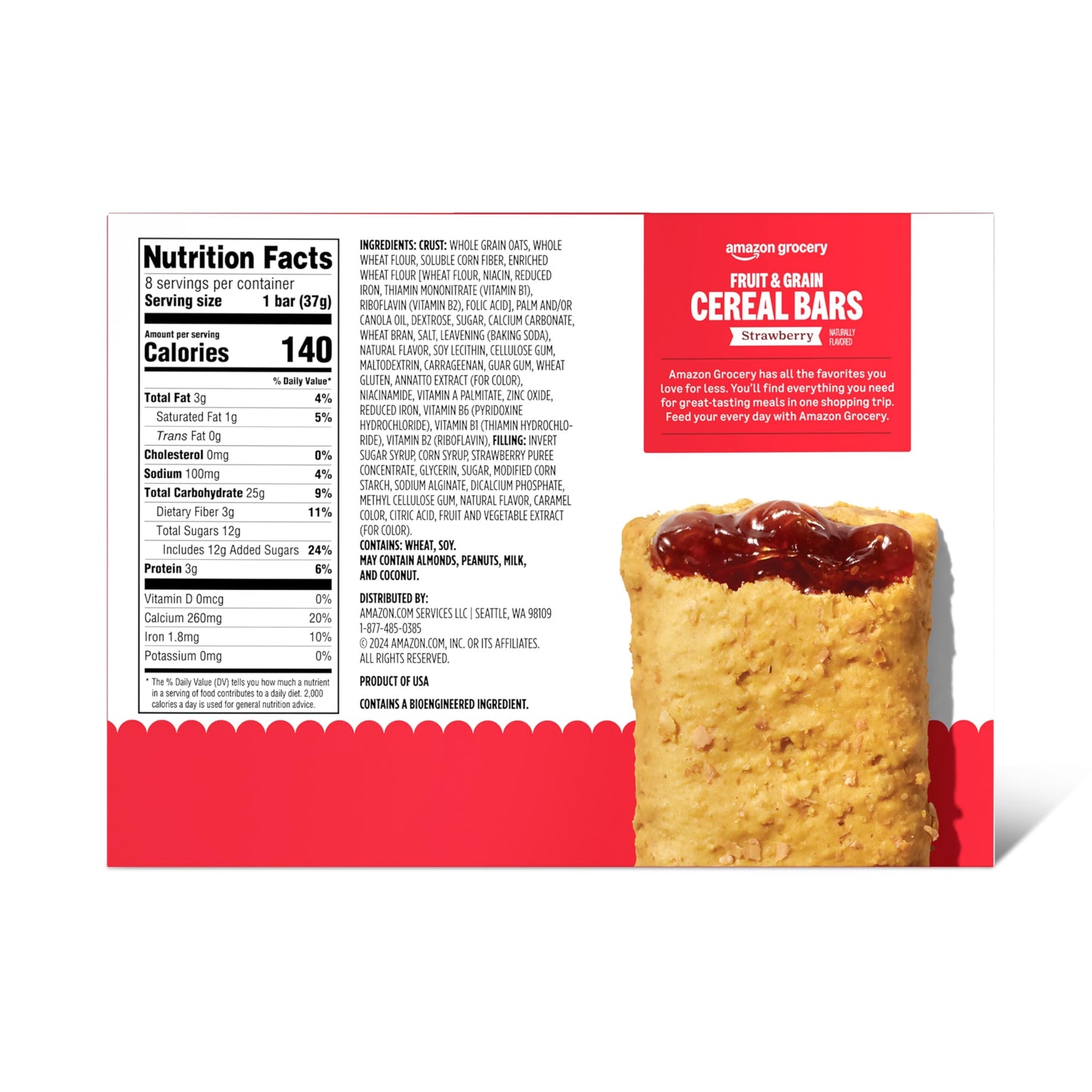 Amazon Grocery, Fruit & Grain Cereal Bars, Strawberry, 10.4 Oz, 8 Ct