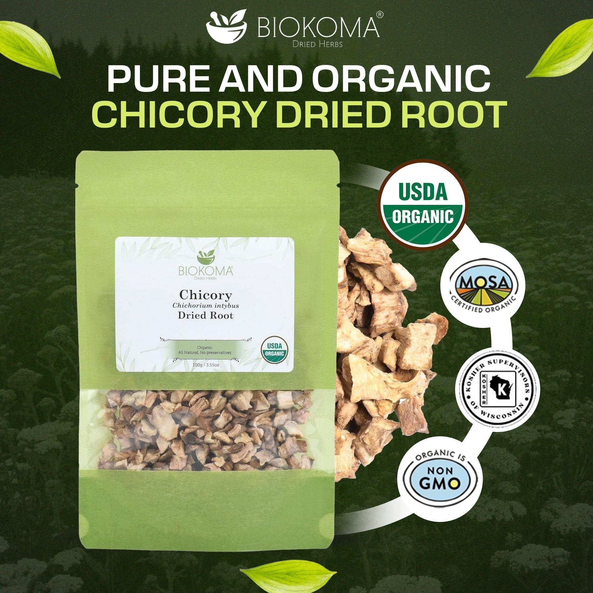 Biokoma Organic Chicory Root 100g 3.55 oz Dried Cut Coffee Substitute USDA Organic Herbal Tea Caffeine-Free Digestive Health Resealable Moisture Proof