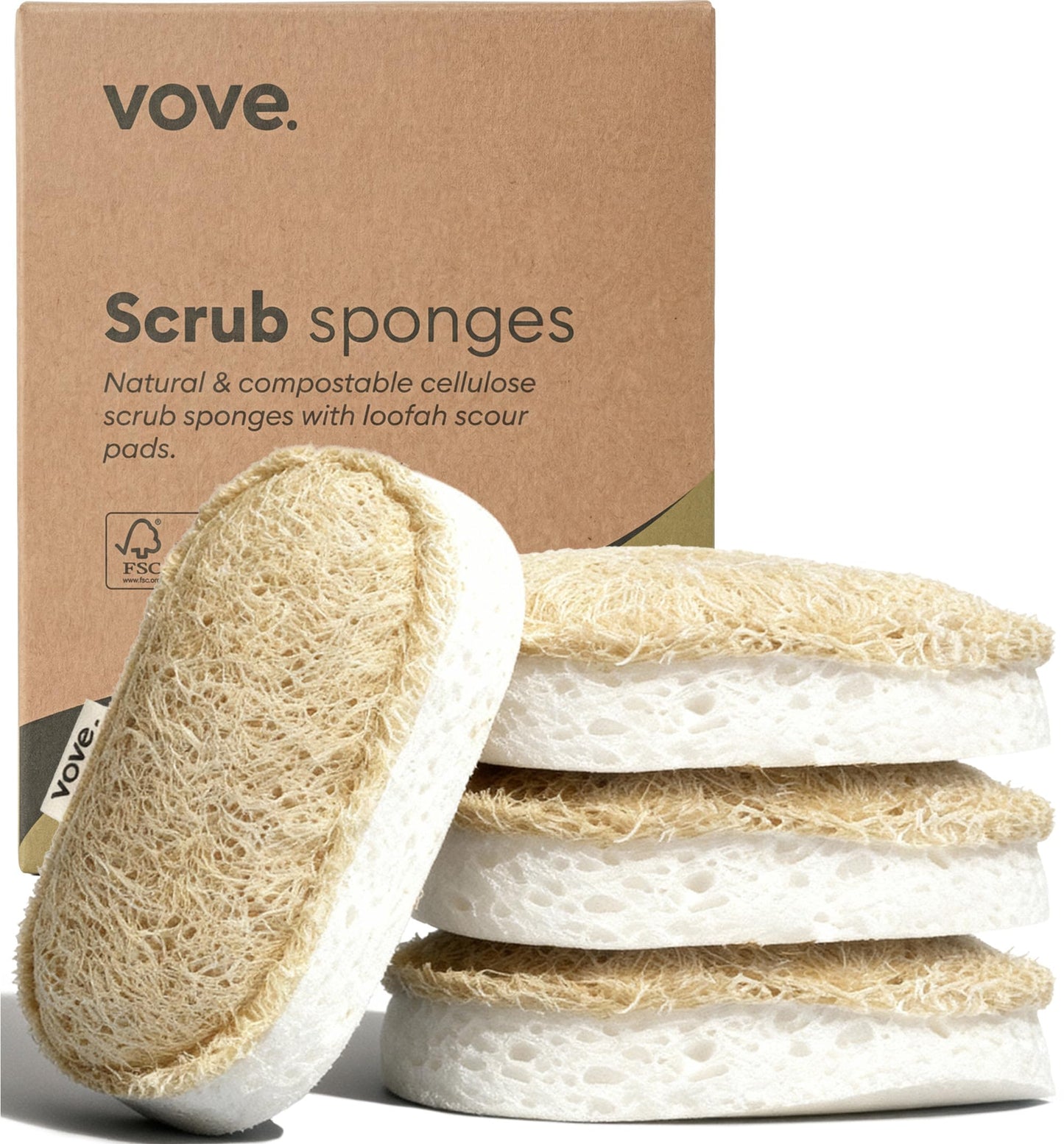 Vove Scrub Sponges 4 Pack, Cellulose & Cotton with Natural Loofah, Eco-Friendly Loofah Dish & Kitchen Sponges, Bathroom Scrubbing Pads, FSC-Certified