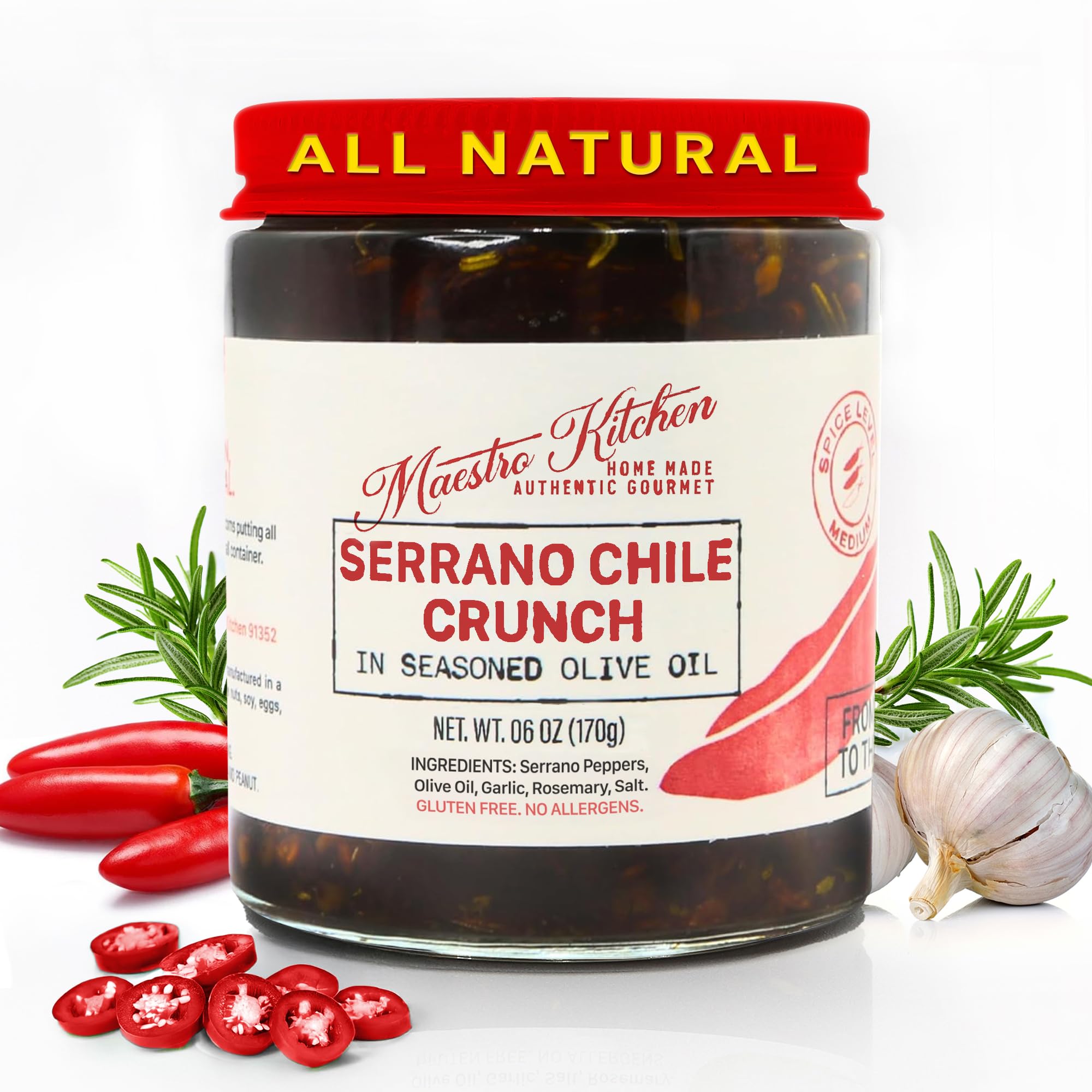 Maestro Kitchen Spicy Serrano Pepper Chile Crunch - Mexican Chili Crisp in Olive Oil 6oz - All Natural Chili Oil Hot Sauce w/ 100% Olive Oil, Garlic