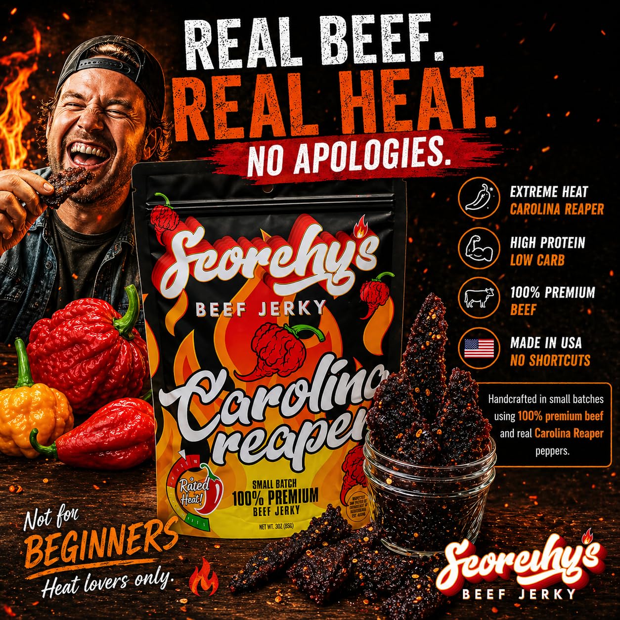 Scorchy's Jerky - Carolina Reaper Beef Jerky - Extreme Spicy Jerky, Made in USA, High Protein Snack, Low Carb, No MSG, Premium USDA Beef - Small Batch