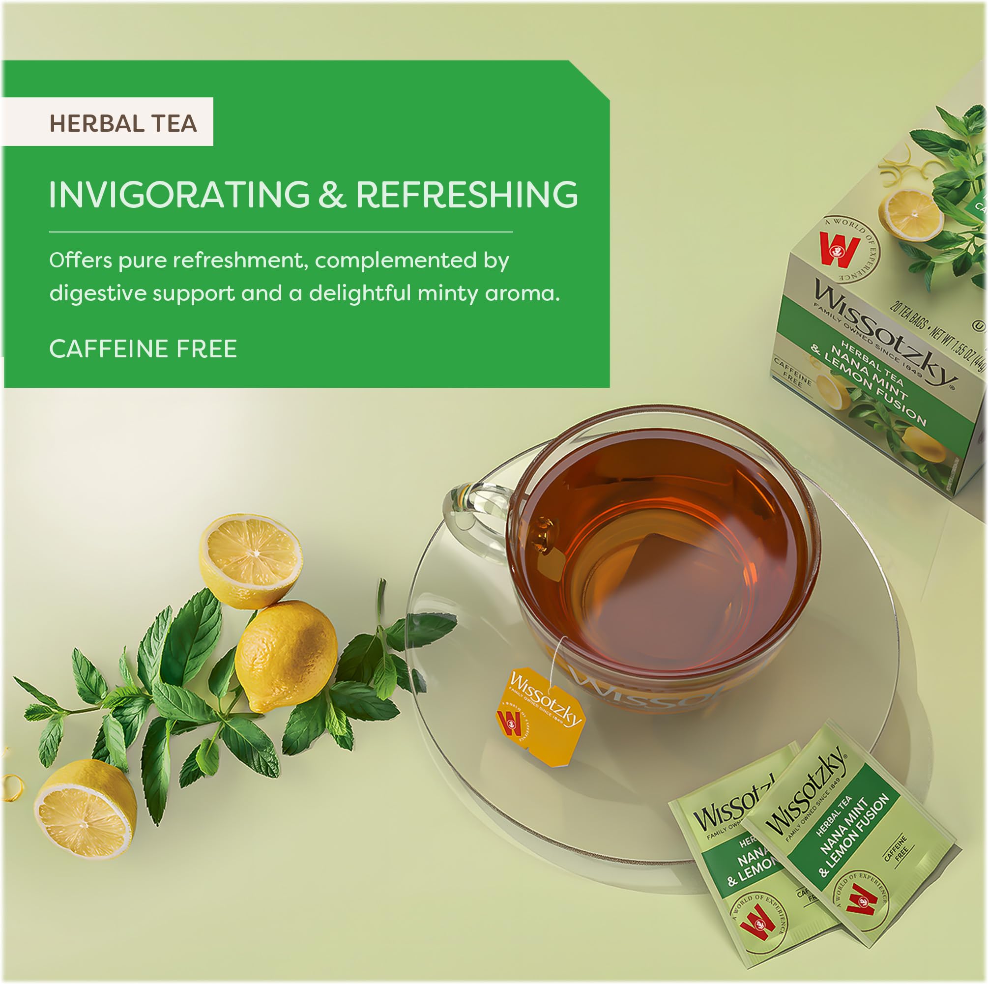 Wissotzky Nana Mint & Lemon Fusion Herbal Tea (3 Pack - 60 Tea Bags) | Invigorating Blend | Caffeine Free Tea | Digestive Support