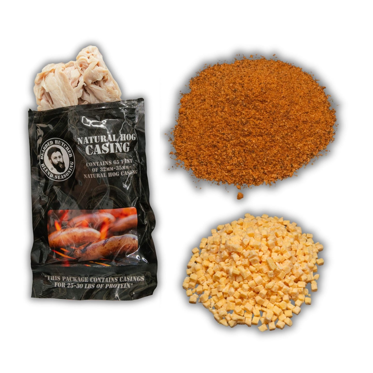 Bearded Butchers Chipotle Bratwurst DIY Kit - Smoky & Savory Brats - Includes Chipotle Seasoning, High-Temp Cheddar Cheese & 32mm-35mm Natural Hog