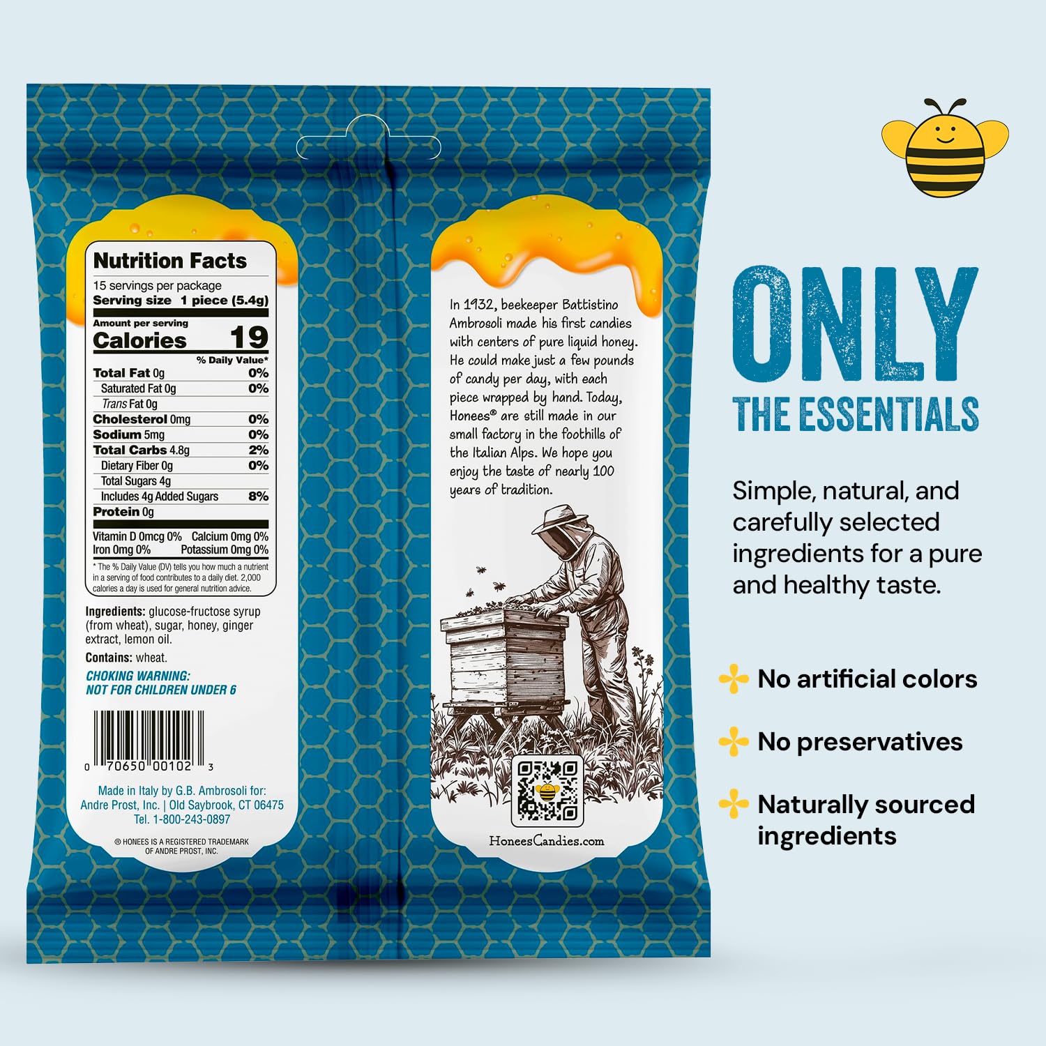 Honees Honey & Ginger Hard Candy Individually Wrapped | Natural & Healthy Candy, Italian Made with Real Honey & Indonesian Ginger, 6 Pack (17.1 oz)