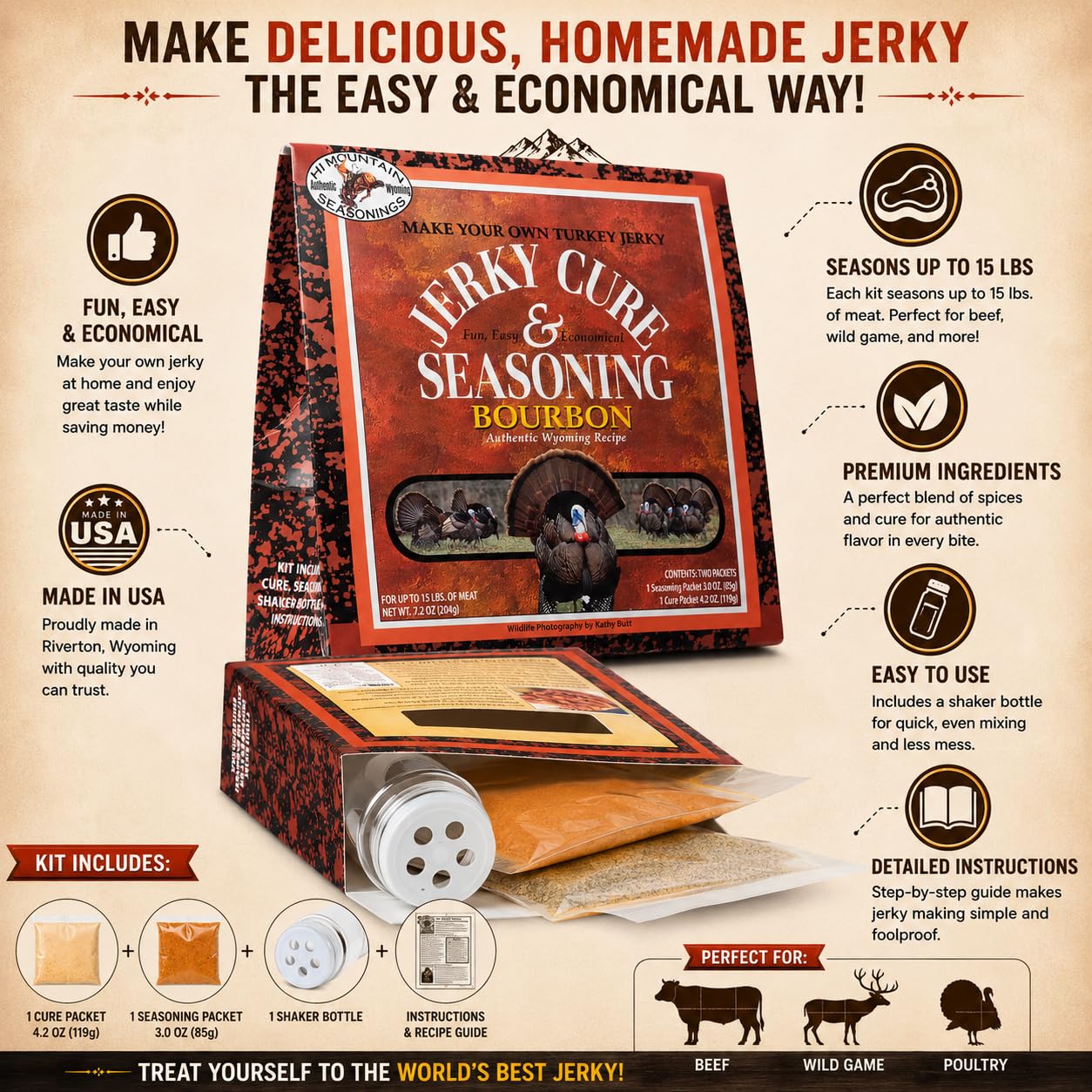 Hi Mountain Jerky Seasoning and Cure Kit | TURKEY BOURBON BLEND Jerky Seasoning | Perfect for Turkey, Chicken, Poultry, Beef & Wild Game | For Smoker