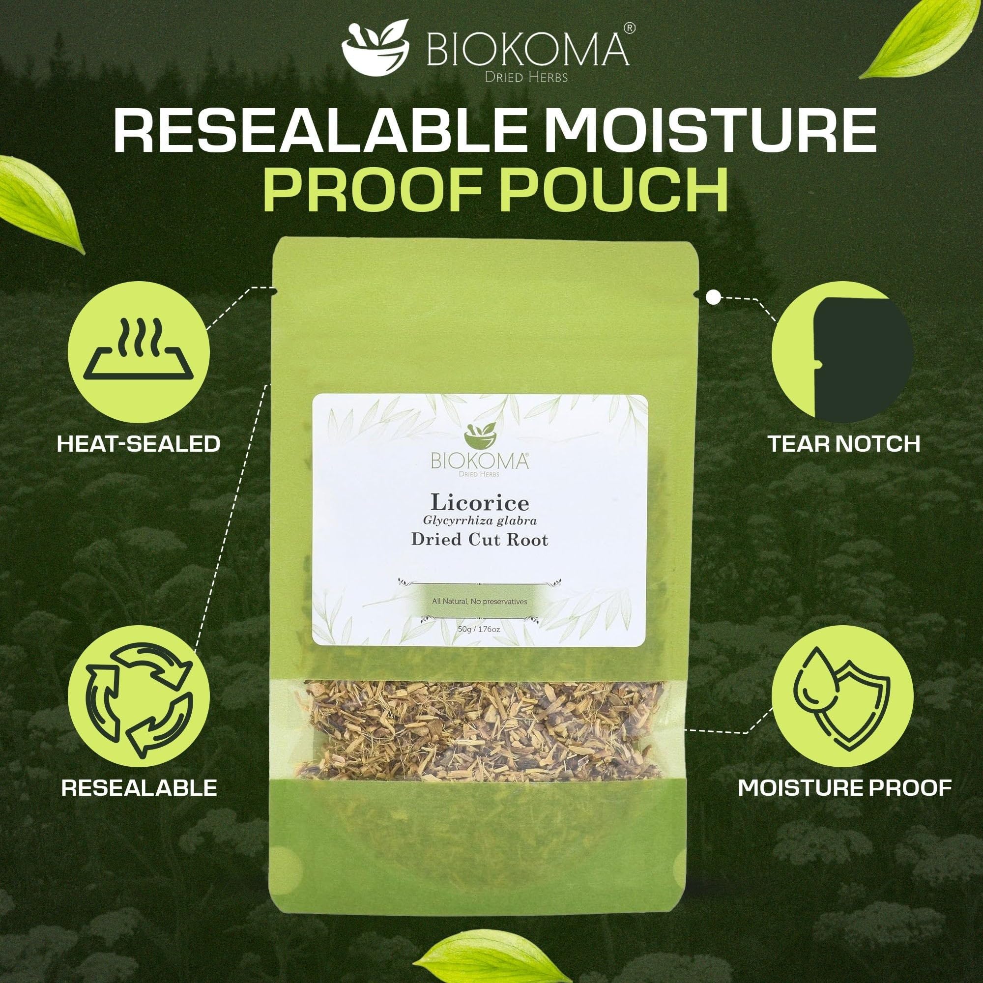 Biokoma Licorice Root 50g 1.76oz Dried Cut Natural Herbal Tea Mulethi Glycyrrhiza Glabra Liver Digestion Immune Respiratory Support Resealable