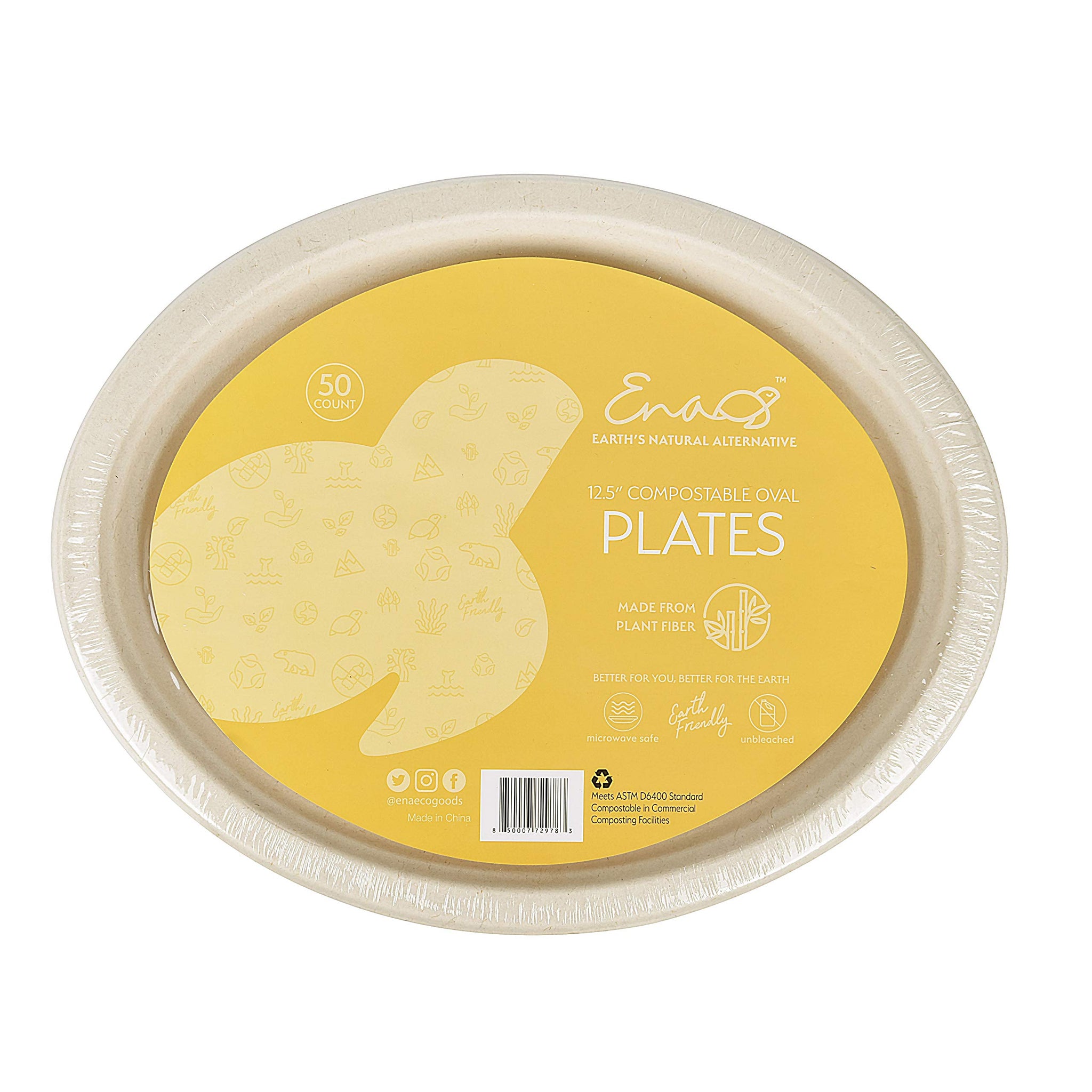 100% Compostable Disposable Paper Plates Bulk [12.5" Oval 50 Pack], Bamboo Plates, Eco Friendly, Biodegradable, Sturdy Large Dinner Party Plates