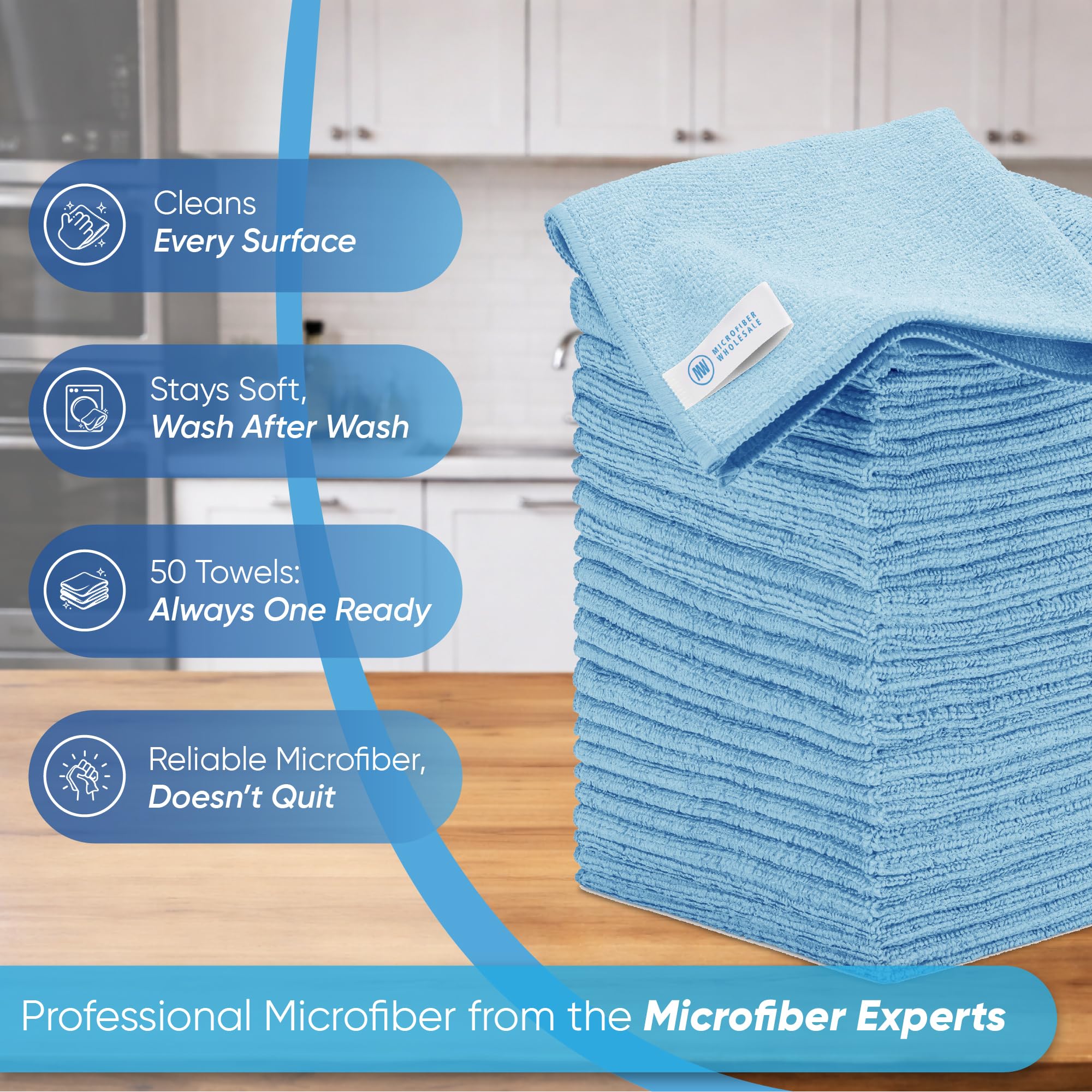 Microfiber Wholesale 16" x 16" All Purpose Towels - 50 Pack - Reusable Wash Cloths, Dust, Kitchen, Car, Shop Rags for Cleaning (Blue)