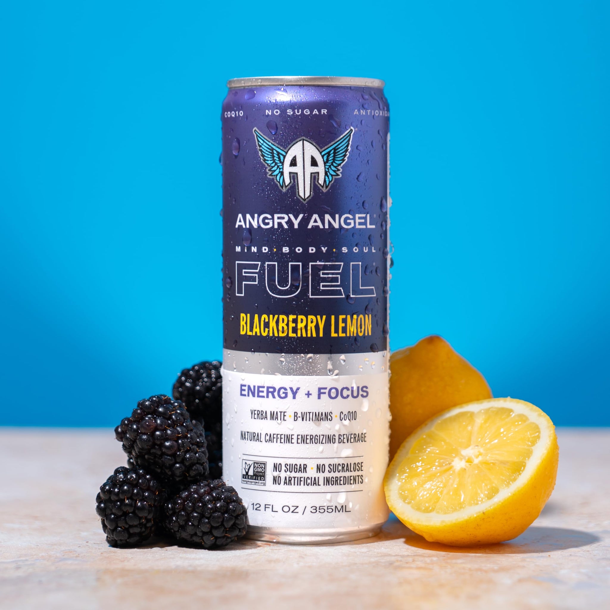 Angry Angel Blackberry Lemon Natural Energy + Focus Drink (12 count) - Zero Sugar - Natural Caffeine from Yerba Mate - CoQ10 - B Vitamins - 12 oz Cans