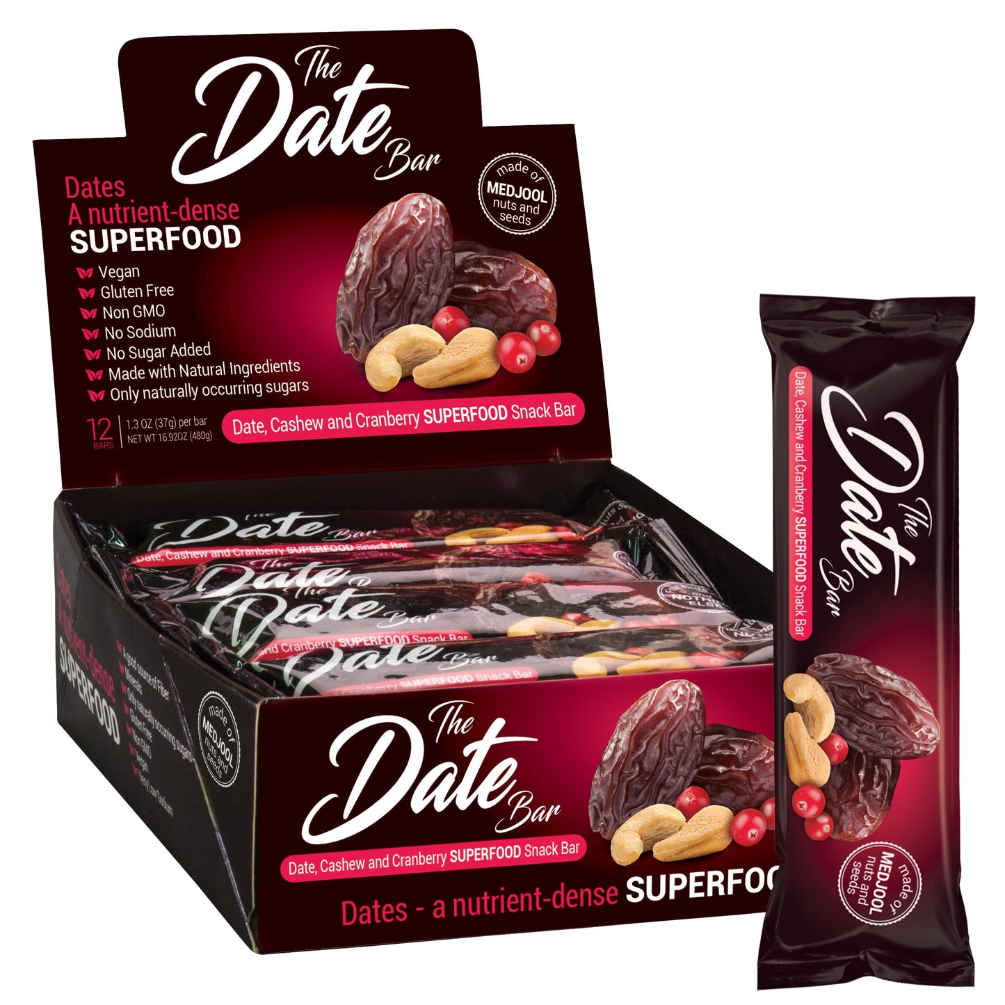 Fruit Nut Seed Healthy Snacks Pack, Medjool Date Cashew Cranberry Bars, Vegan, Gluten Free, No Sugar Added Energy Bar, 12 Ct (1.3 oz each)