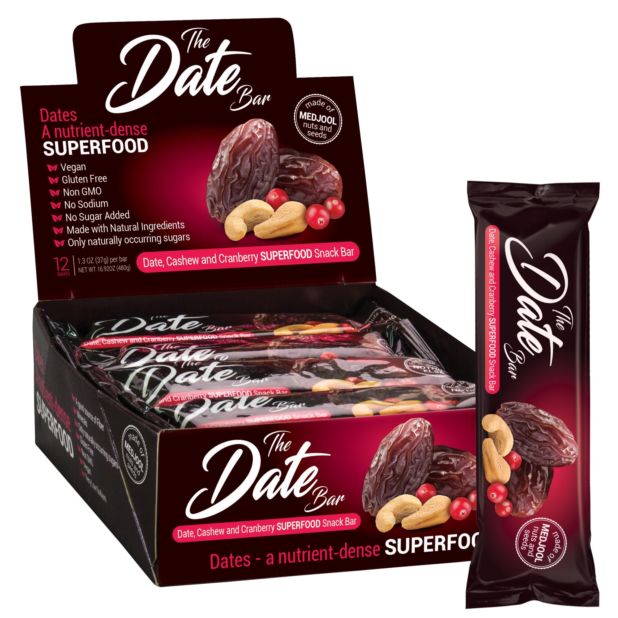 Fruit Nut Seed Healthy Snacks Pack, Medjool Date Cashew Cranberry Bars, Vegan, Gluten Free, No Sugar Added Energy Bar, 12 Ct (1.3 oz each)