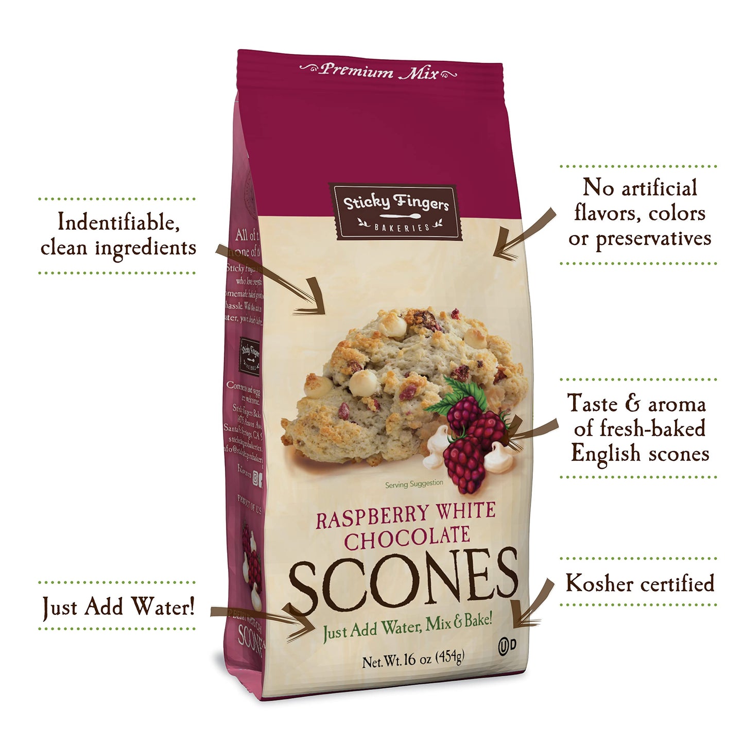 English Scone Mix, Raspberry White Chocolate by Sticky Fingers Bakeries - Easy to Make English Scones Fresh Baked, Makes 12 Scones (1pk)