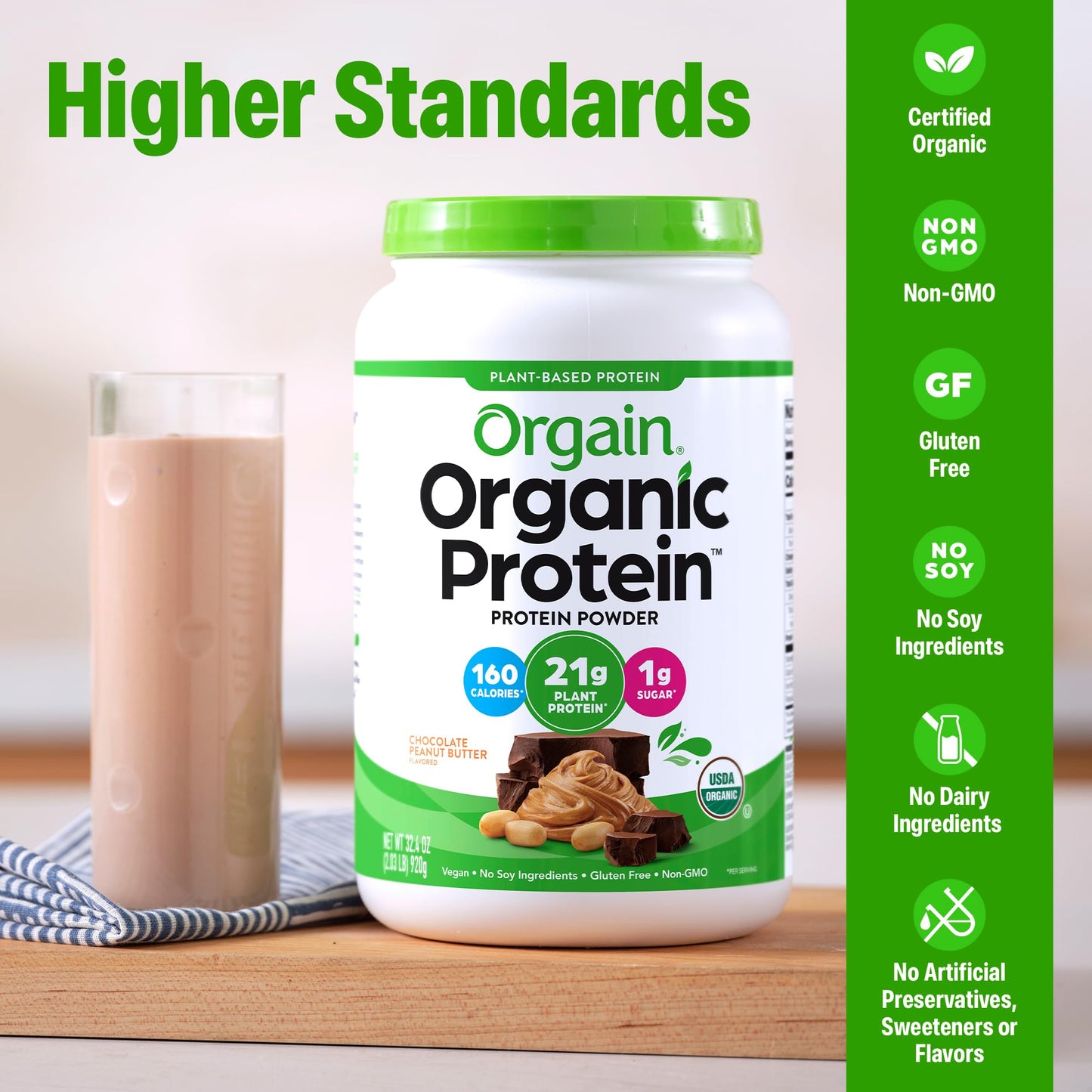 Orgain Organic Vegan Protein Powder, Chocolate Peanut Butter - 21g Plant Protein, 6g Prebiotic Fiber, Low Net Carb, No Lactose Ingredients, No Added