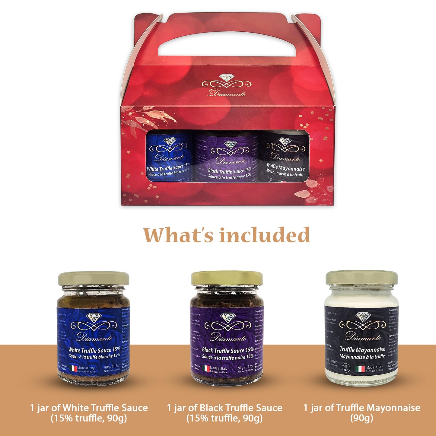 Diamante Italy Truffle Sauce Gift Box Set (3 jars x 90g), Including: 1pc of 15% White Truffle Sauce 90g, 1pc of Truffle Mayonnaise 90g, 100% Made in