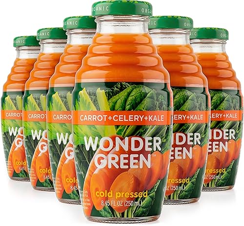Wonder Green 100% Organic Carrot, Celery & Kale Cold Pressed Juice, 8.45 oz (6 Pack) | Vegetable Juice Blend, All Natural, No Additives or