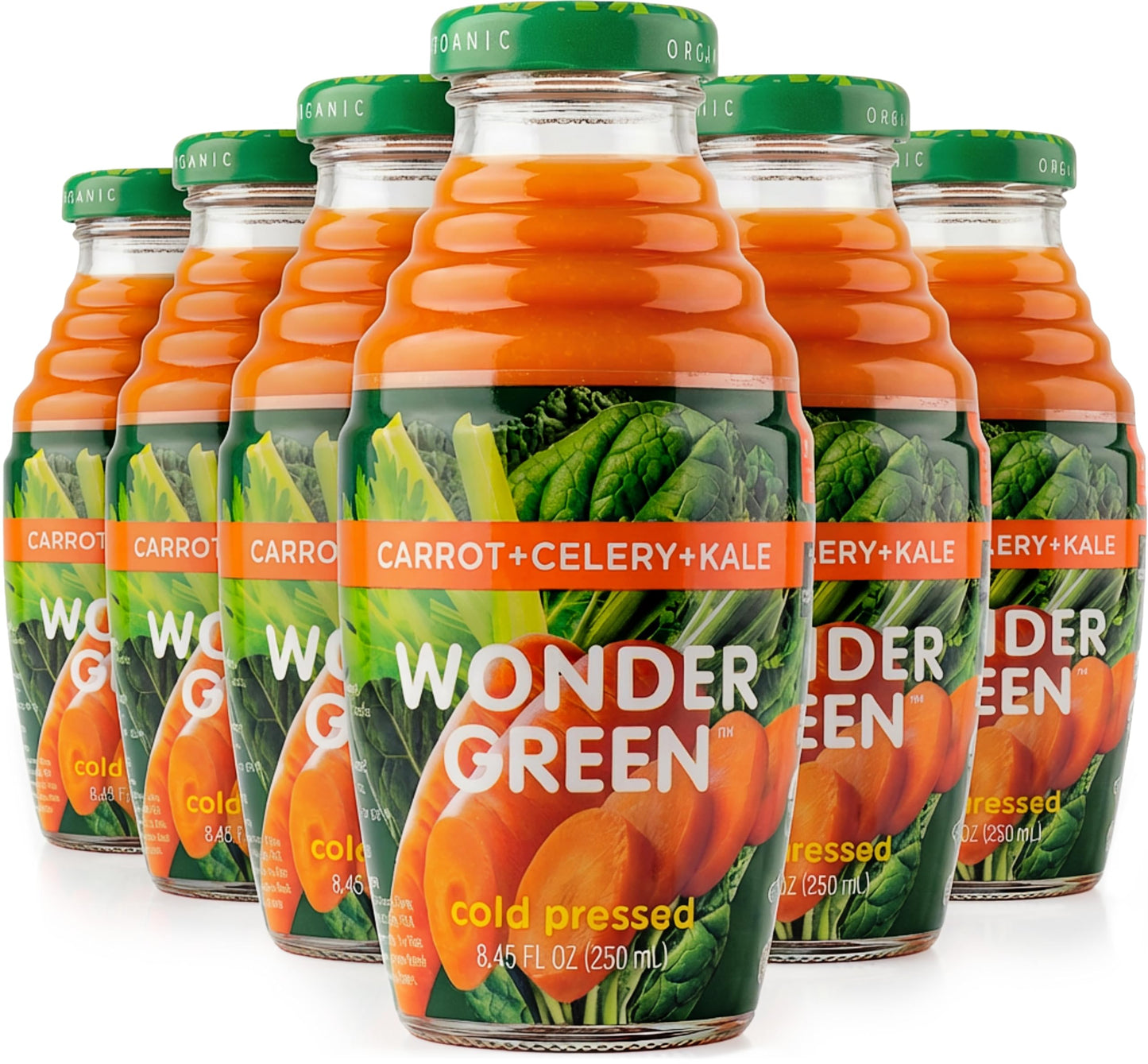 Wonder Green 100% Organic Carrot, Celery & Kale Cold Pressed Juice, 8.45 oz (6 Pack) | Vegetable Juice Blend, All Natural, No Additives or