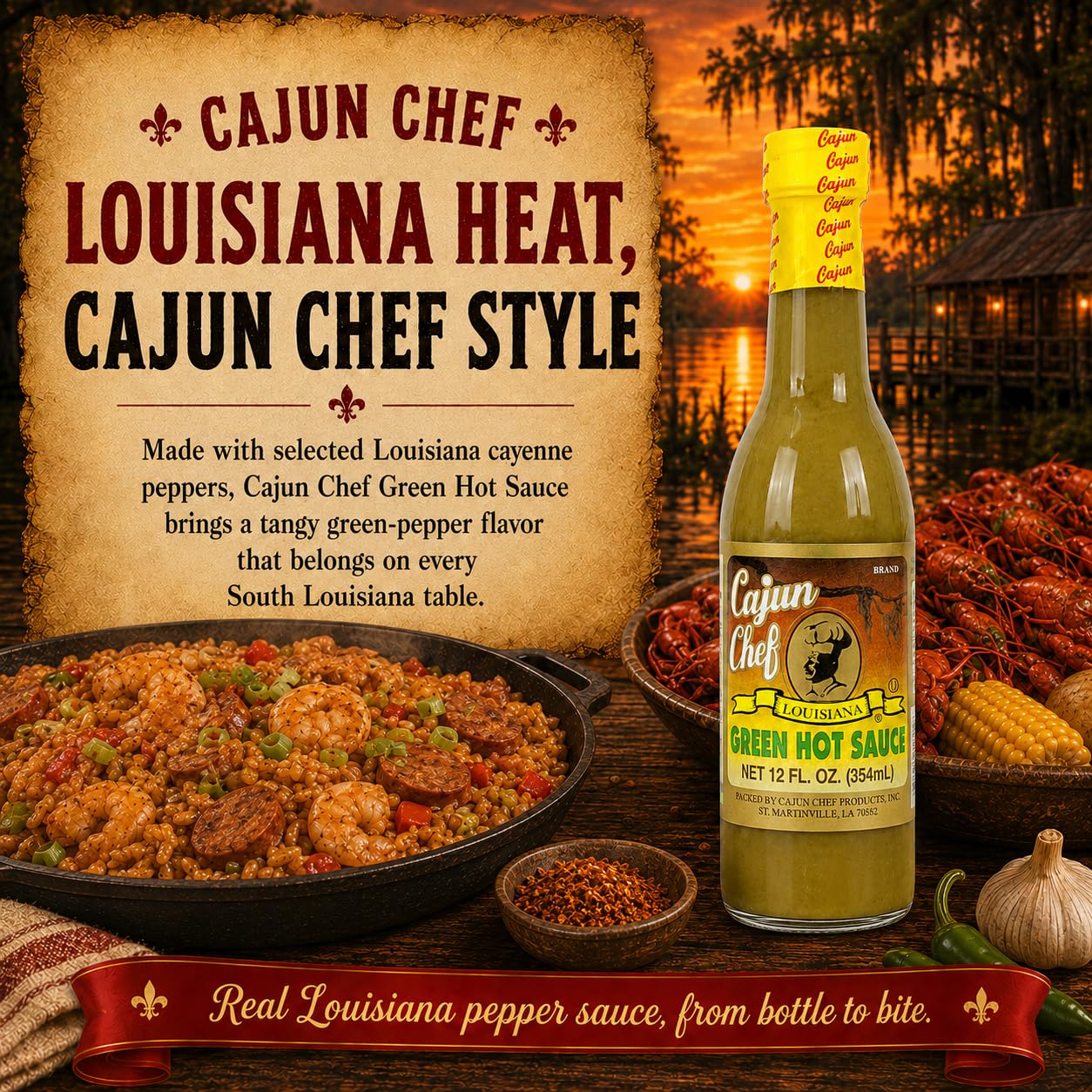 Cajun Chef Green Louisiana Hot Sauce 12 oz (Pack of 3) - Mild Green Cayenne Pepper Sauce Made with Louisiana Peppers, Cajun Style Hot Sauce for Gumbo