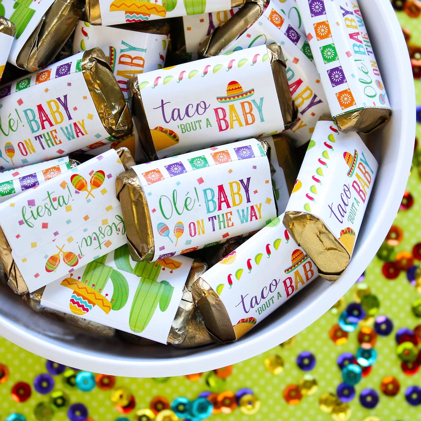 Taco Bout a Baby Fiesta Baby Shower Mini Chocolate Candy Bar Wrapper Labels - Mexican Fiesta Party Favor Stickers - 42 Count