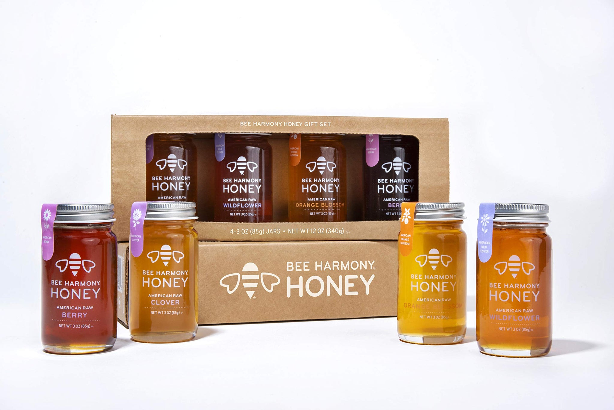 Bee Harmony Classic Honey Flight, Mini Honey Gift Set, 4 Jars, 3 OZ Each, Premium, Raw, Made in the USA