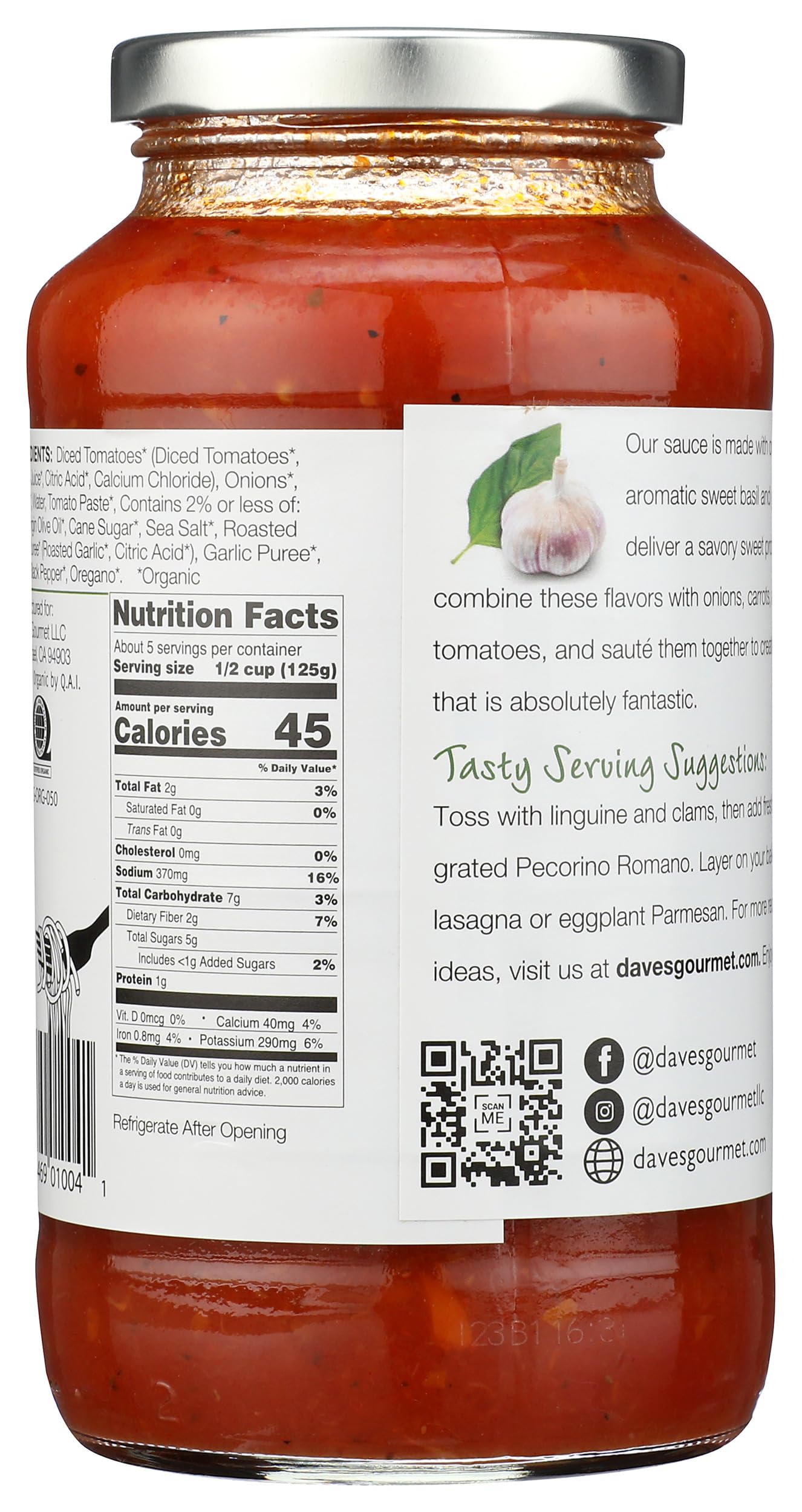 Daves Gourmet Organic Roasted Garlic and Sweet Basil Sauce, 25.5 OZ