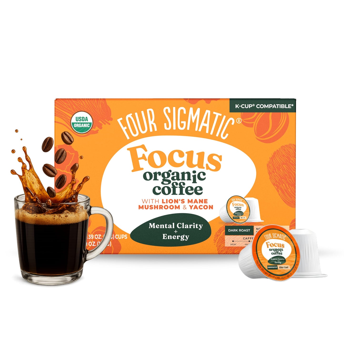 Four Sigmatic Mushroom Coffee K-Cups | Organic Dark Roast Coffee with Lion’s Mane Mushroom Powder & Yacon | Focus & Immune Support | Vegan & Keto |