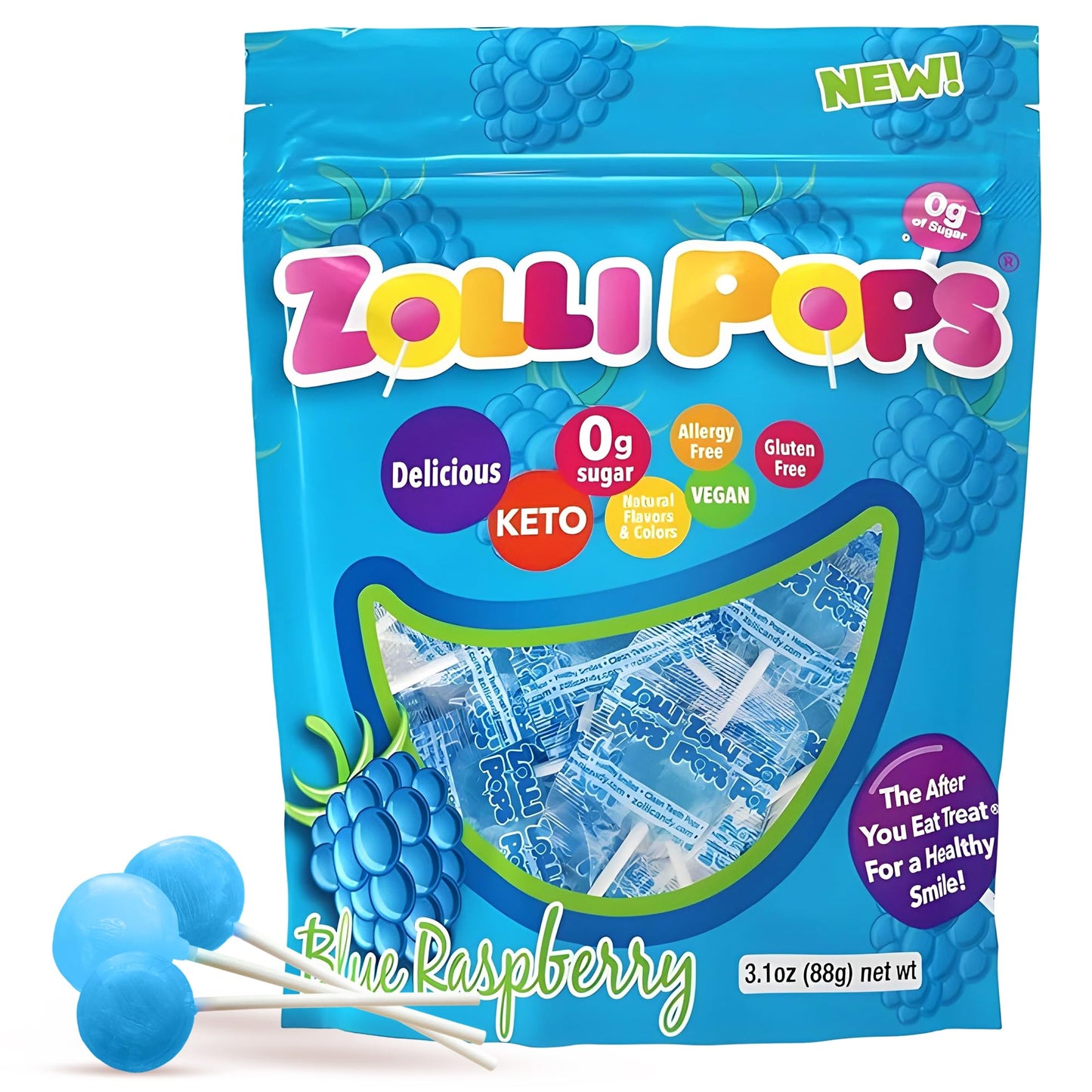 Zollipops Clean Teeth Pops Sugar Free Candy, Dye-Free Lollipops - Keto & Diabetic-Friendly, Dentist-Approved Treats for Kids (Blue Raspberry, 3.1 oz)