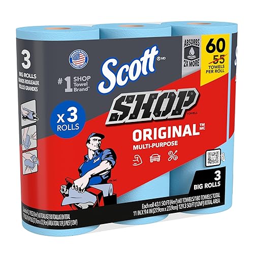 Scott® Shop Towels Original™ (58145), Blue Shop Towels, 1 Pack of 3 Big Rolls, Large 11"x9.4" Towel, (60 Sheet/Roll, 180 Sheet Total)