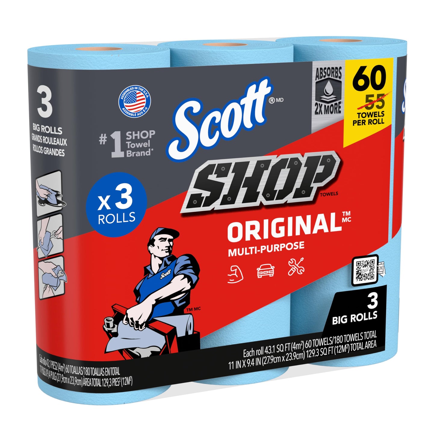 Scott® Shop Towels Original™ (58145), Blue Shop Towels, 1 Pack of 3 Big Rolls, Large 11"x9.4" Towel, (60 Sheet/Roll, 180 Sheet Total)