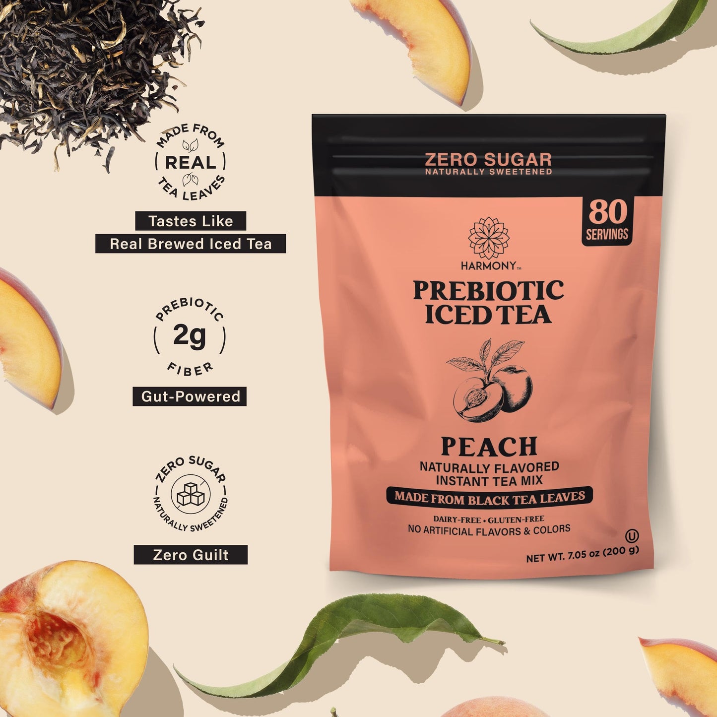 Harmony Matcha Prebiotic Black Tea Peach Flavor - Iced Tea Drink Mix with Plant Fiber for Gut Health, Gluten Free, Caffeinated, Zero Sugar, 7oz Bag