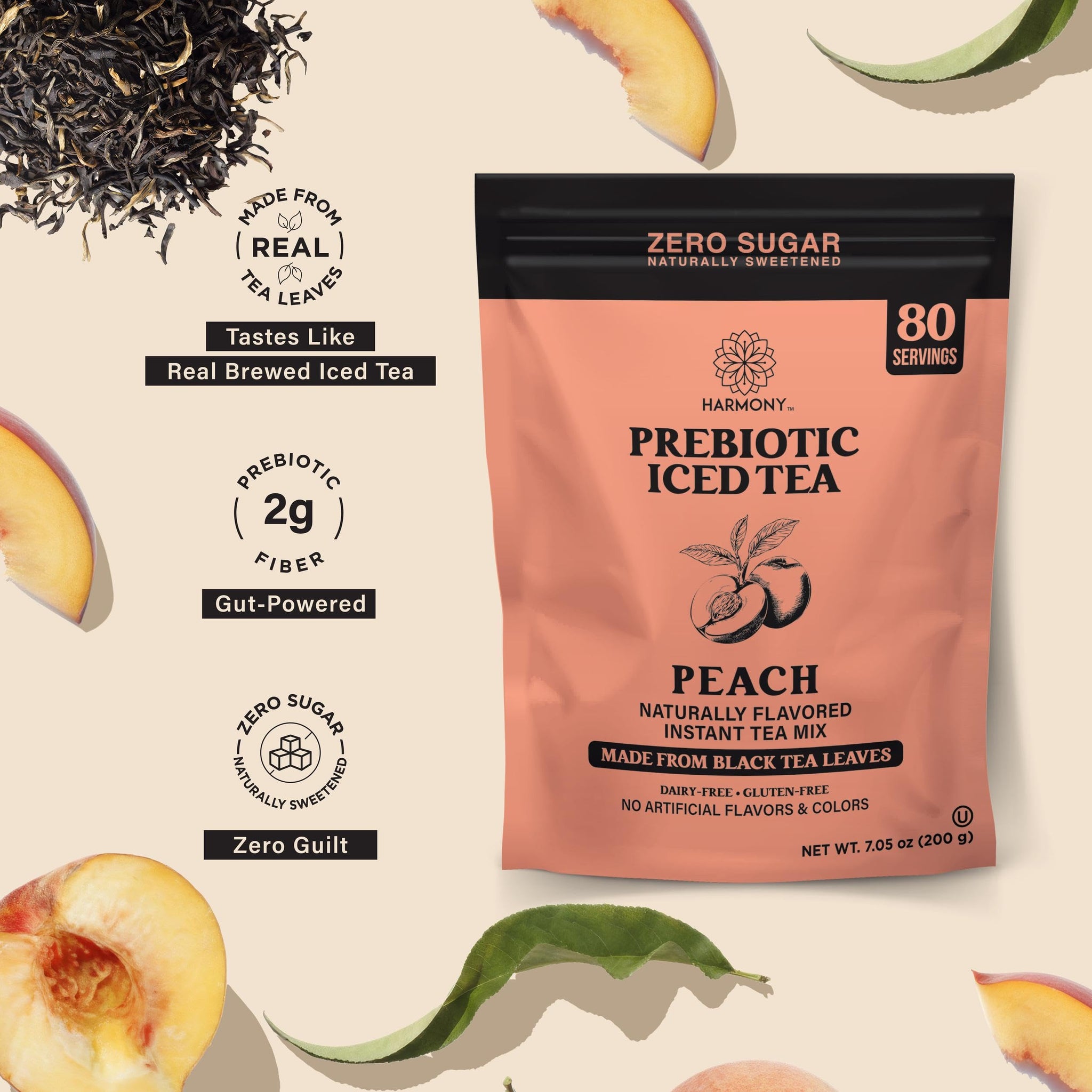 Harmony Matcha Prebiotic Black Tea Peach Flavor - Iced Tea Drink Mix with Plant Fiber for Gut Health, Gluten Free, Caffeinated, Zero Sugar, 7oz Bag