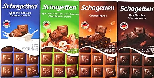 Schogetten German Chocolate Variety Pack Milk Chocolate, Caramel, Dark and Alpine Milk with Hazelnuts. Freshly imported from Europe (Bundle of 4)
