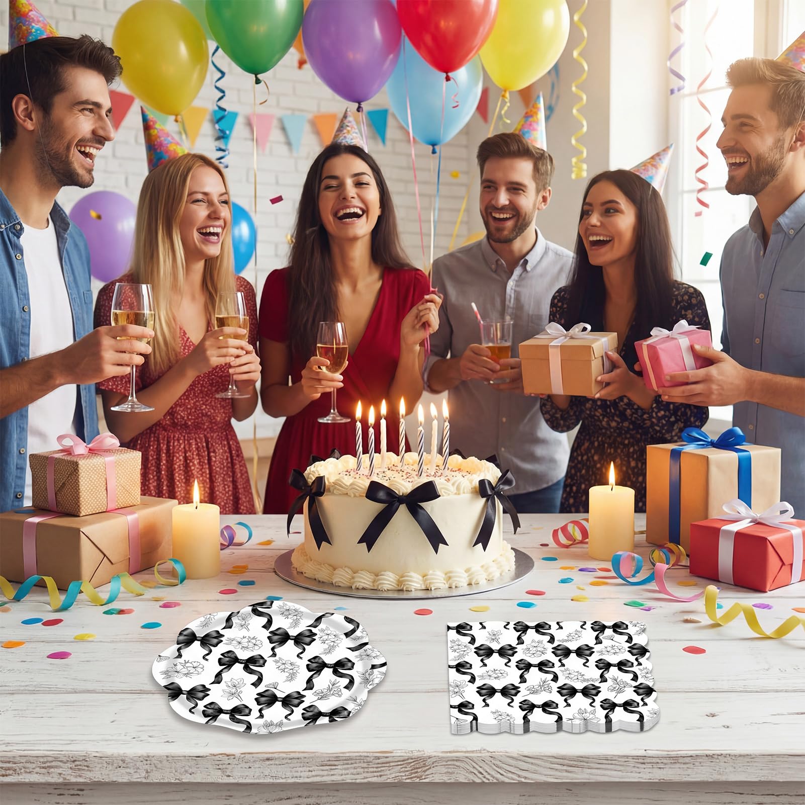 Actoridae 40PCS Black Bow Paper Plates and Napkins Set - Disposable Black and White birthday Party Supplies for Girls & Women, Coquette Birthday