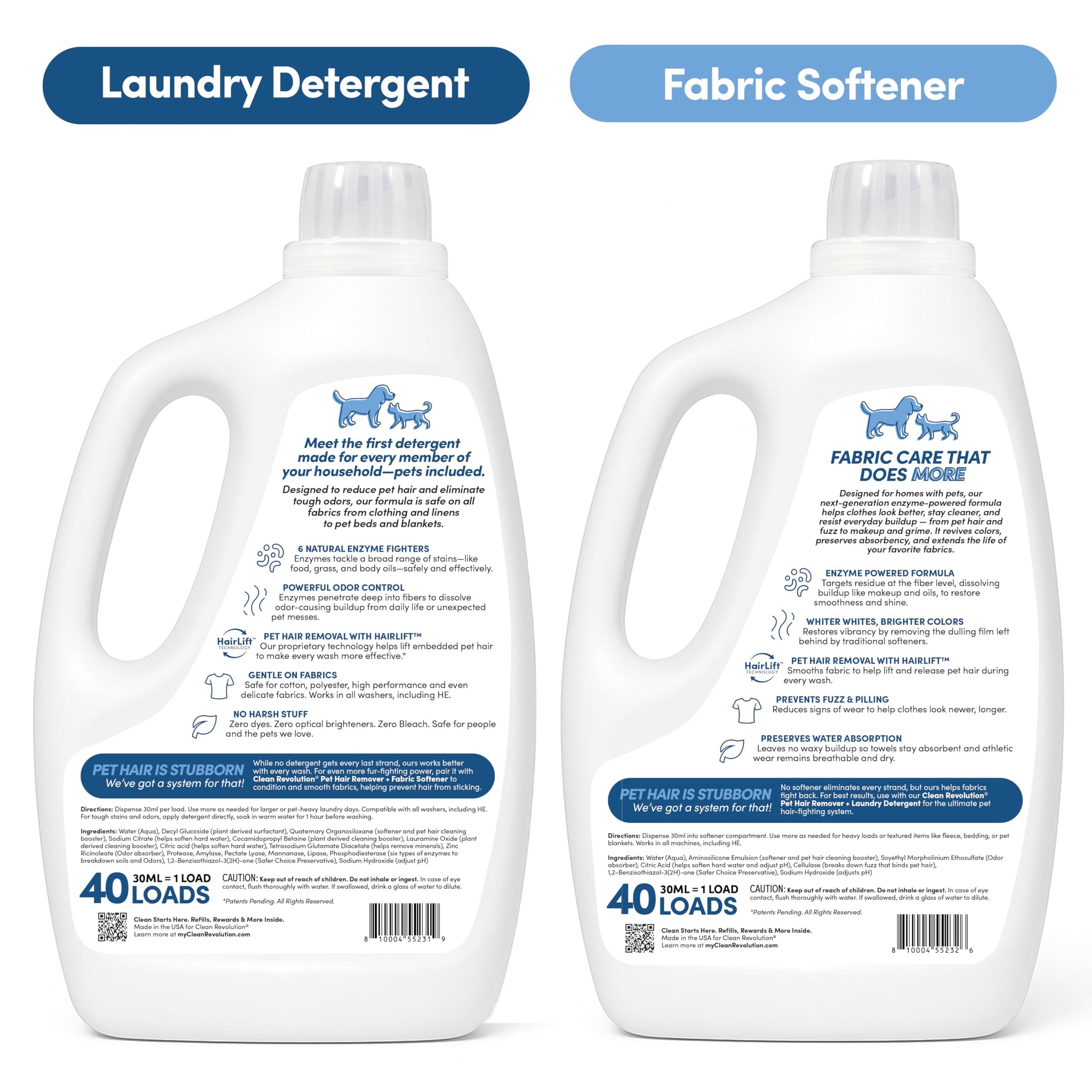 Clean Revolution Pet Hair Remover Laundry System 2-pack: Laundry Detergent + Fabric Softener with HairLift Technology, Fragrance-Free, 6 Natural