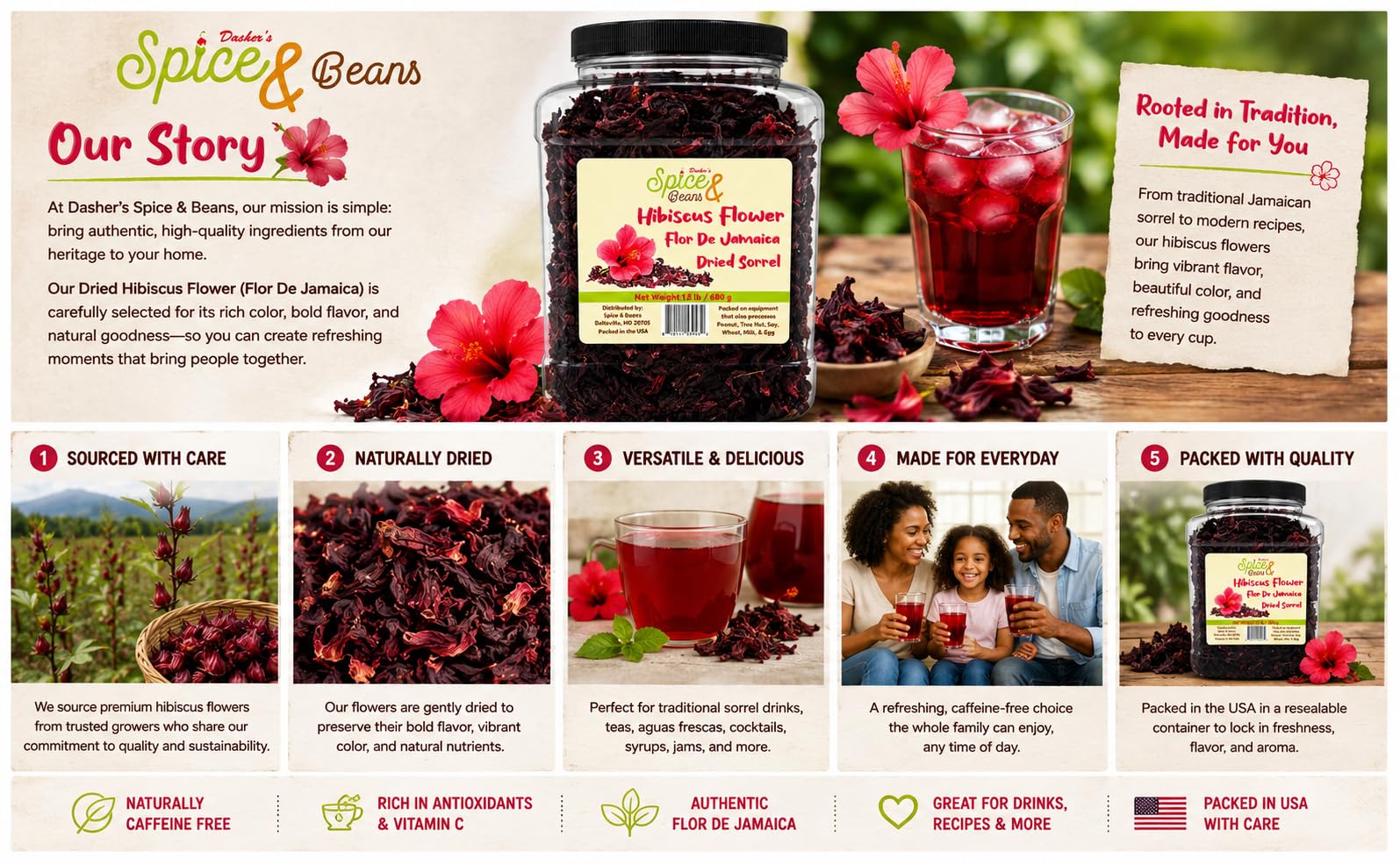 Dried Hibiscus Flower 1.5 lb | Flor De Jamaica & Dried Sorrel | Tea, Jamaican Sorrel Drink, Herbal Beverages | Resealable USA Packed Container |