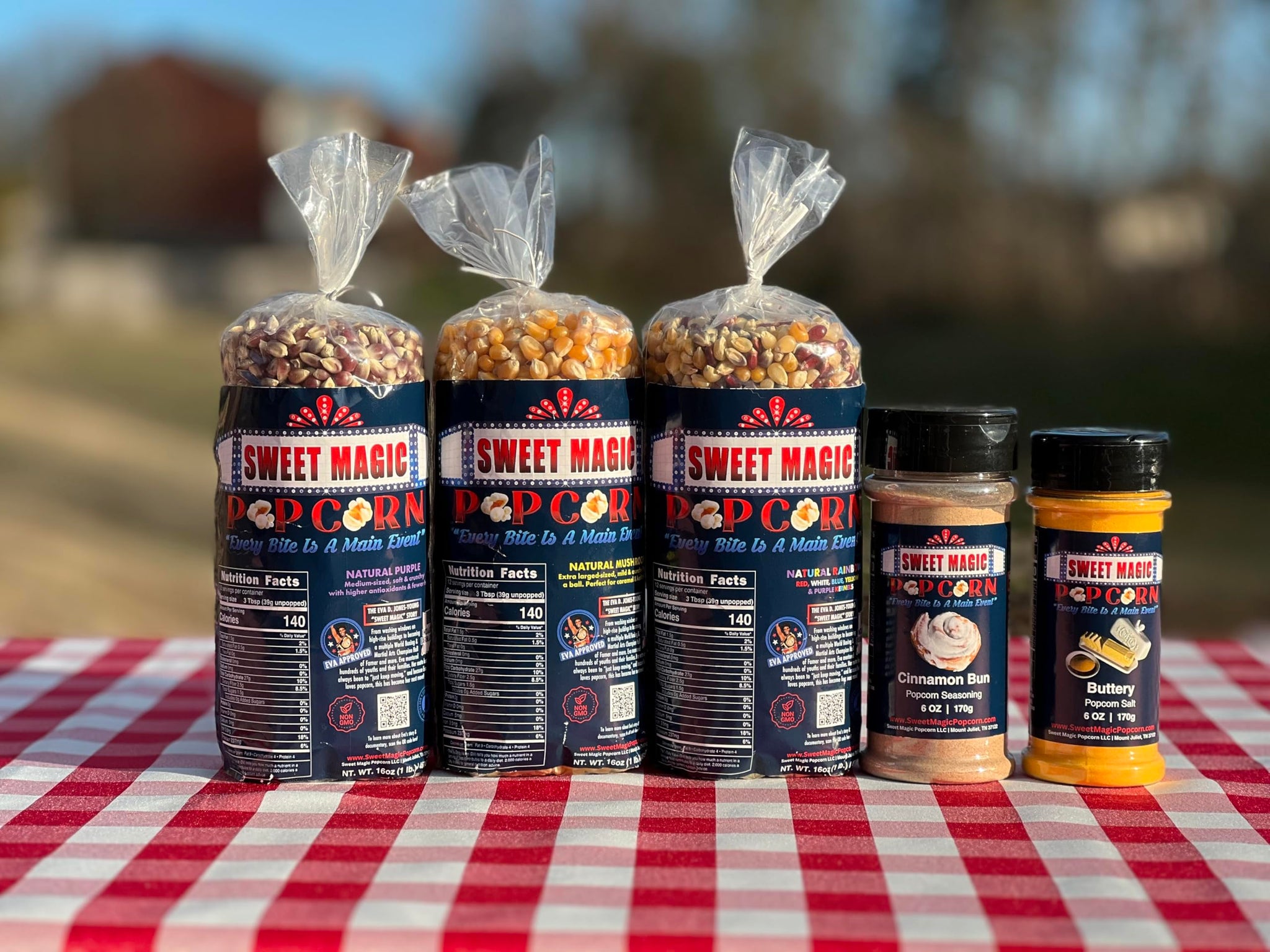 Sweet Magic Popcorn "The Celebration Package" - Kernels and Seasonings Variety Pack (set of 5) - 3 Non-GMO 16oz Popcorn Kernel Bags (Purple