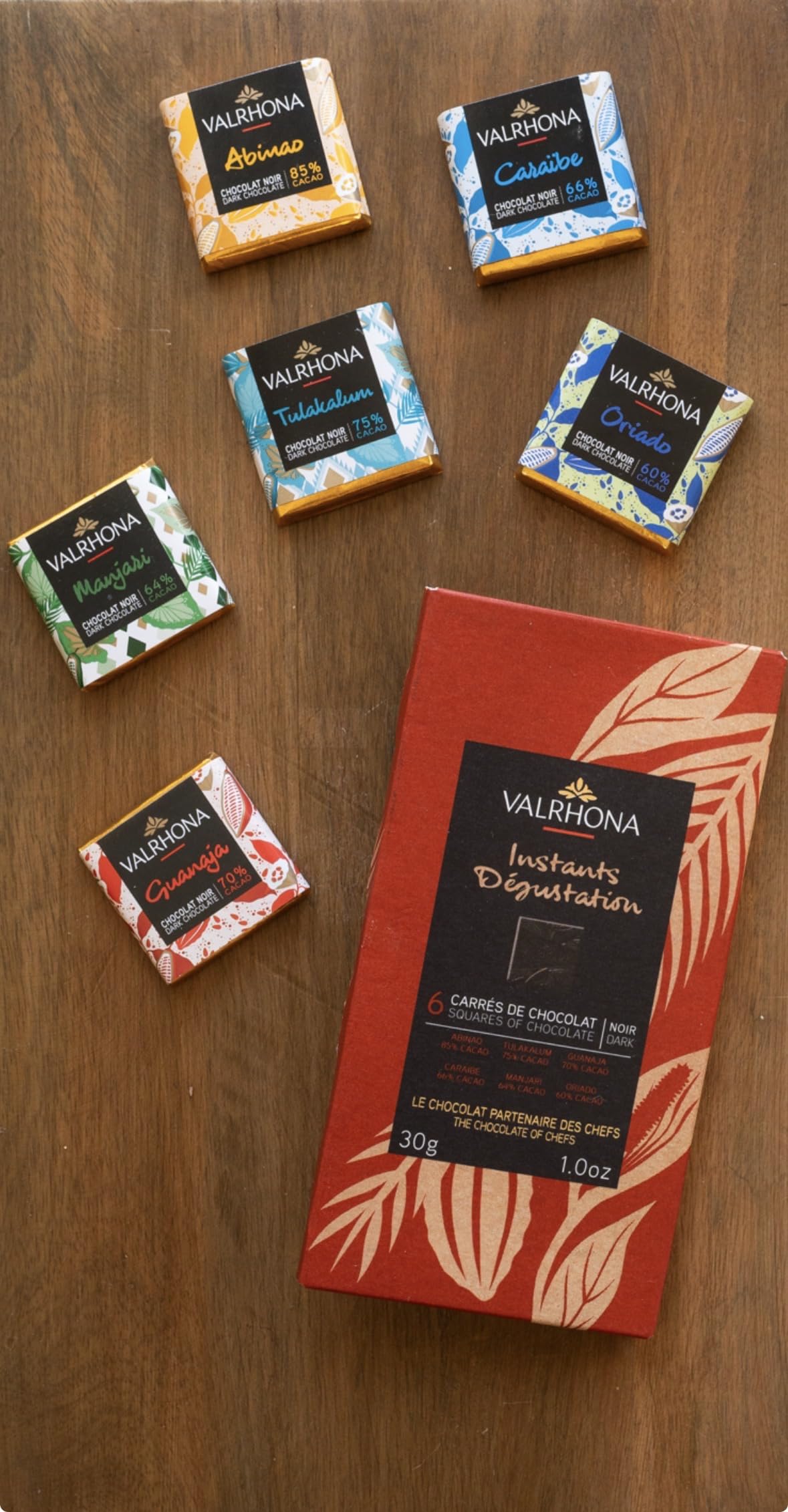 Valrhona Premium 6 GRANDS CRUS Dark Chocolate Squares - Oriado 60%, Manjari 64%, Caribe 66%, Guanaja 70%, Tulakalum 75%, Abinao 85%, Holiday Chocolate