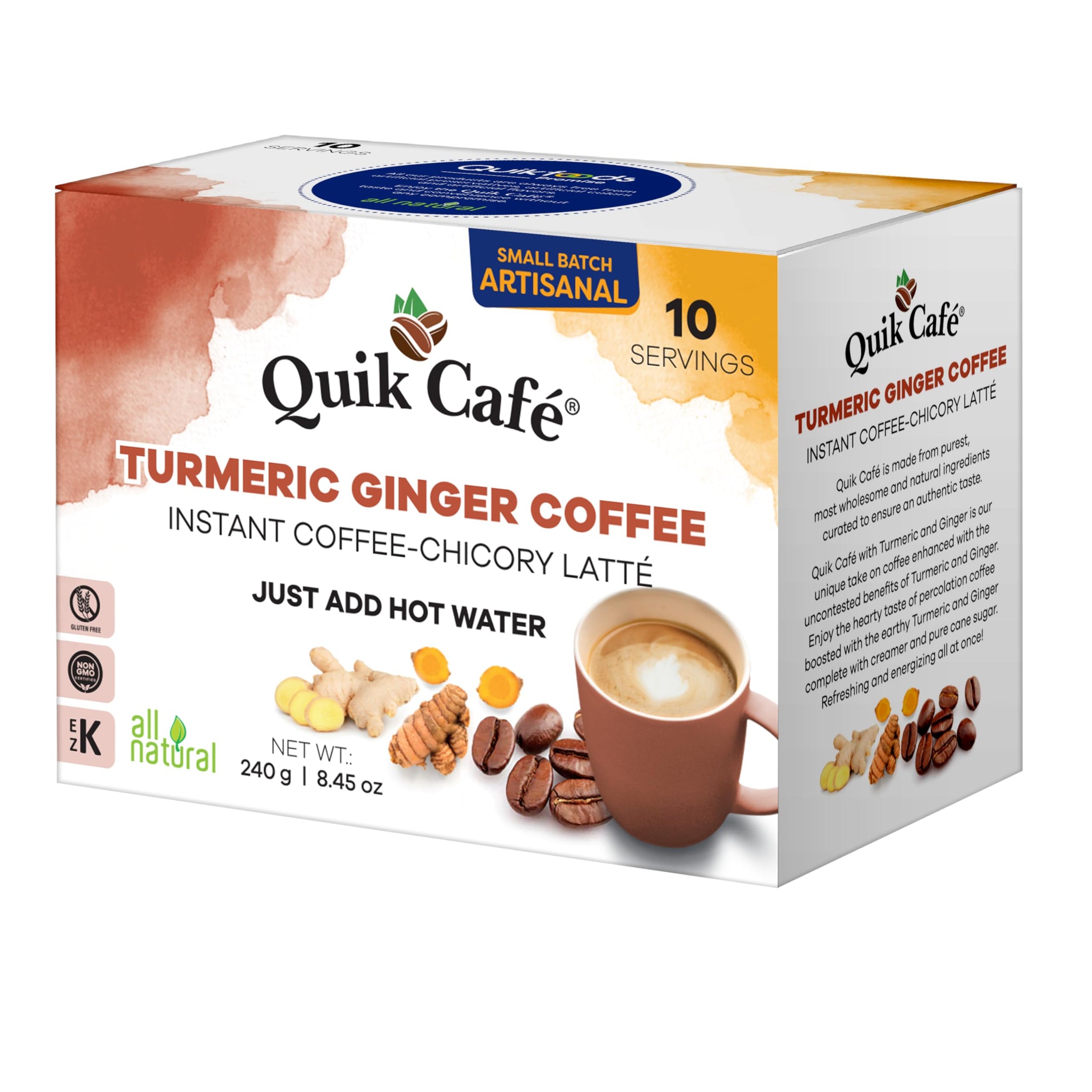 QuikCafé Instant Turmeric Ginger Coffee - 10 Count, Bold Turmeric Ginger Flavor Coupled With a Unique Coffee-Chicory Blend, No Preservatives, Just Add
