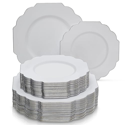 PARTY DISPOSABLE 40 PC PLASTIC PLATE SET | 20 Dinner Plates | 20 Side Plates | Heavyweight Plastic Dishes | Elegant Fine China Look | for Upscale